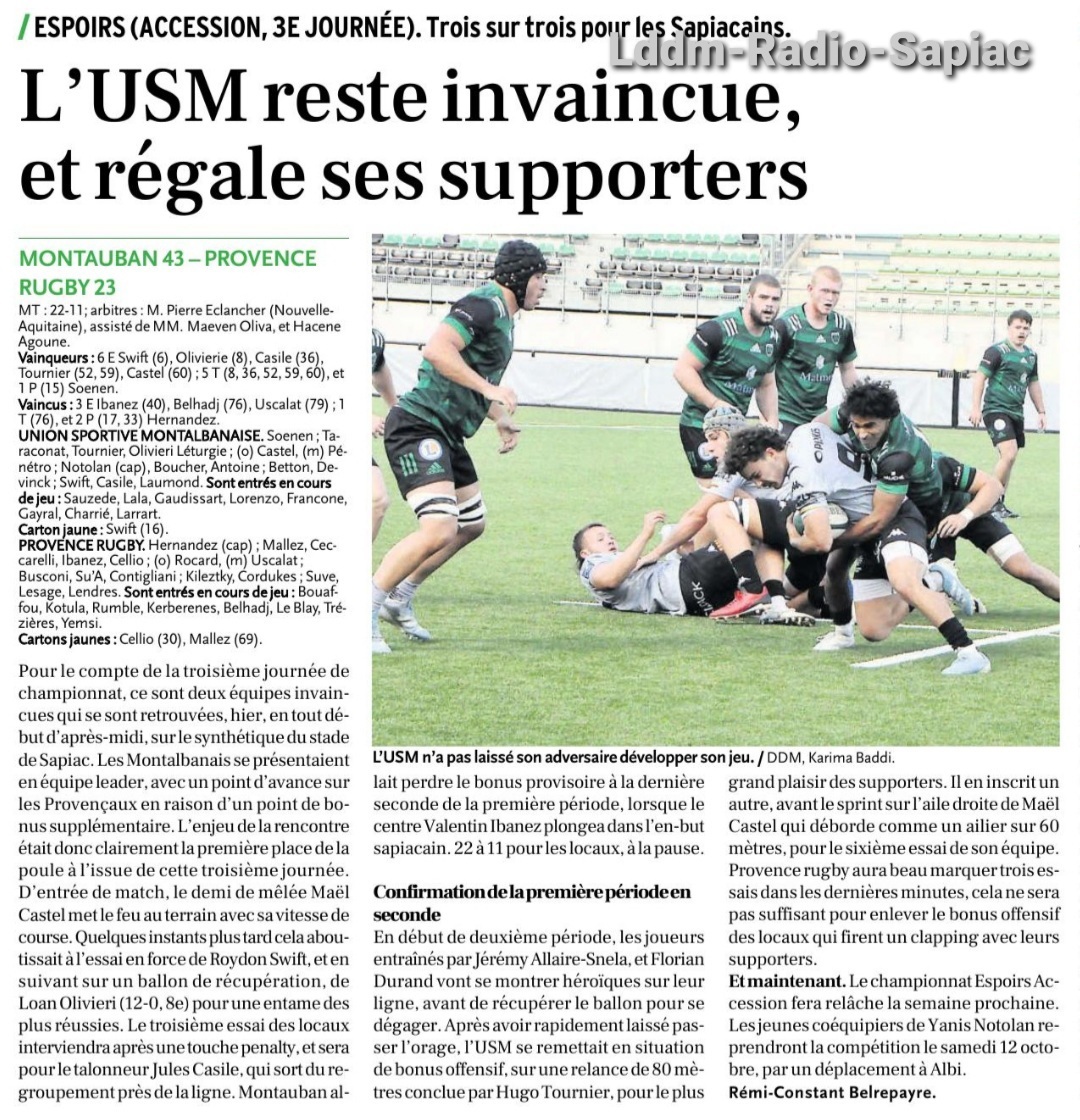 INFOS ce DIMANCE 29 SEPTEMBRE (Matinée) > Pro D2 – J5 > RÉSULTAT > Vendredi soir au stade du pré fleuri > (Bd) NEVERS 13 - 16 USM <> Retrouvez le CLASSEMENT <> ESPOIRS REICHEL USM J3 > (BO) USM 43 - 23 AIX EN PROVENCE <> RETROUVEZ le CLASSEMENT Ksertk