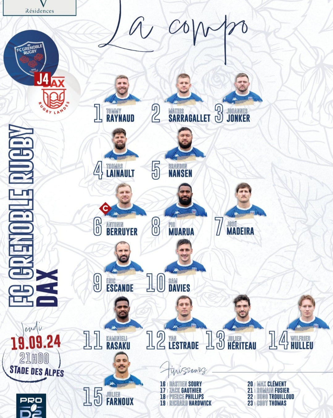 INFOS ce JEUDI 19 SEPTEMBRE (Matinée) > Pro D2 – J4 > J -1 du match > USM / BIARRITZ ce vendredi 19H Stade de Sapiac <> La suite du PLANNING <> ACTUS USM et Pro D2 <> En ouverture ce soir > FC.GRENOBLE / US.DAX à 21H stade des Alpes > Les COMPOS Kxx9du