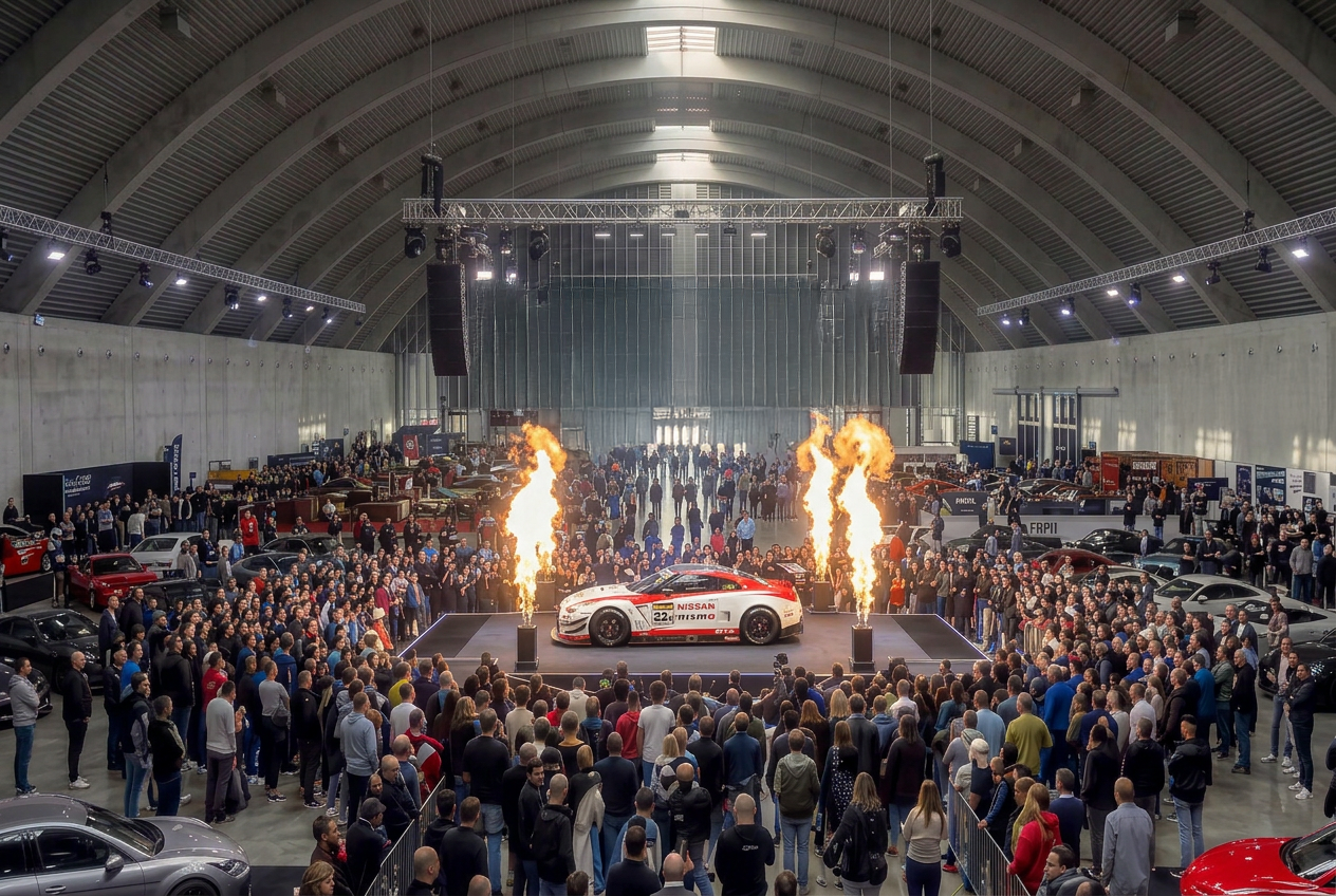 Show auto-moto avec public et flammes