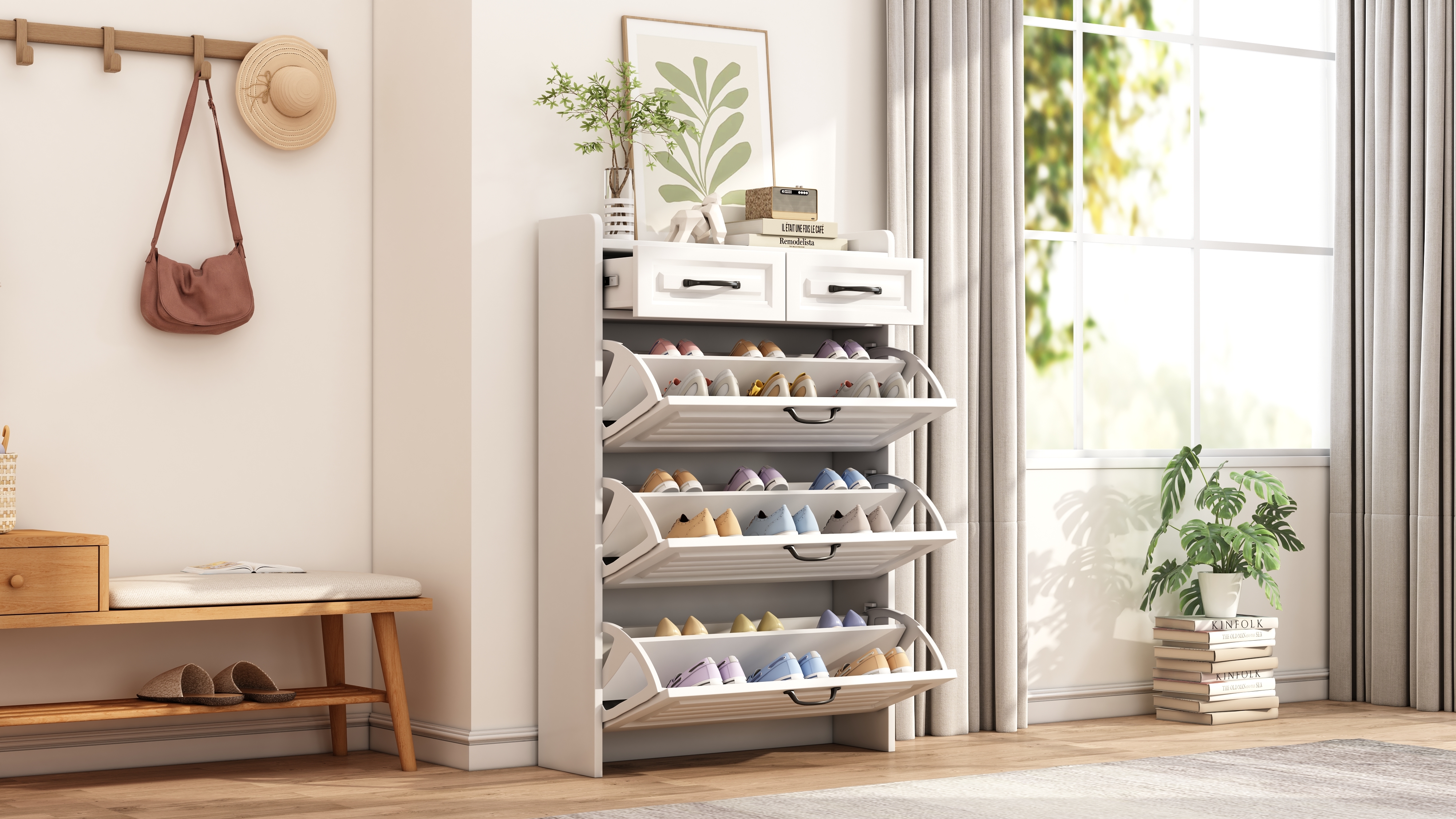Meuble à chaussures 3 étagères pivotantes - Blanc