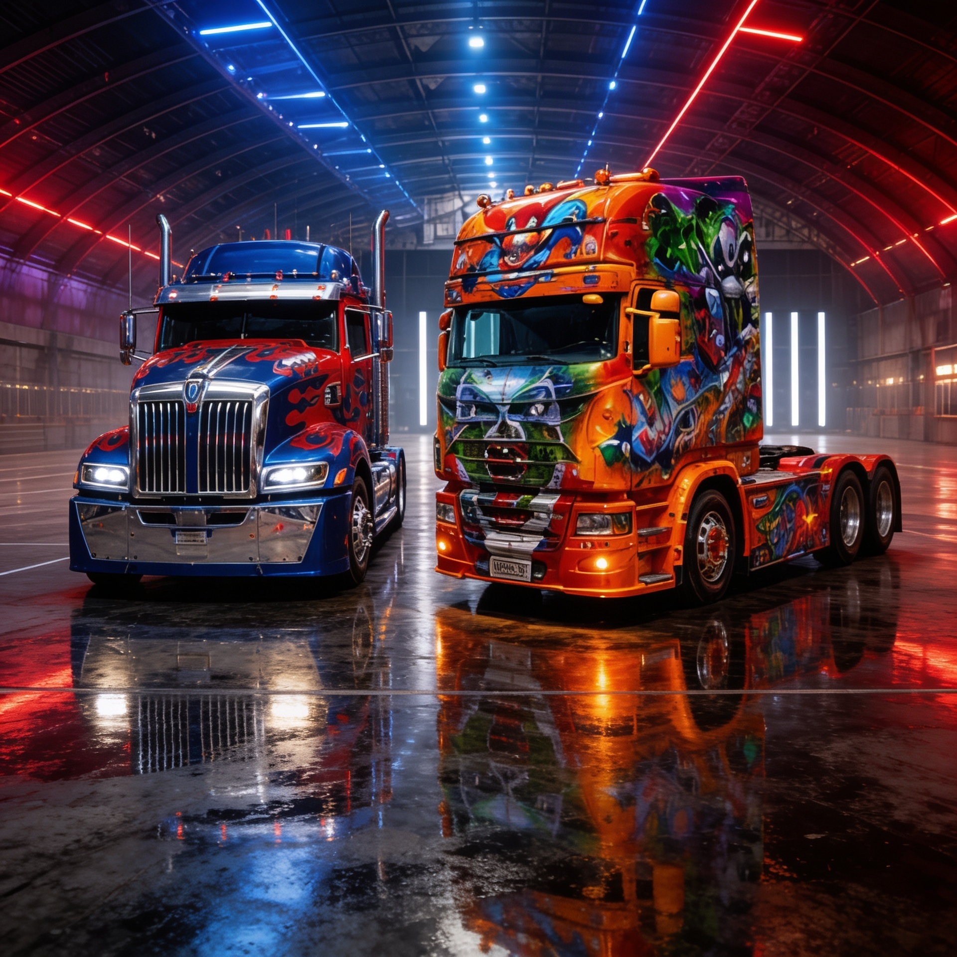 Camion tuning exposé avec peinture personnalisée