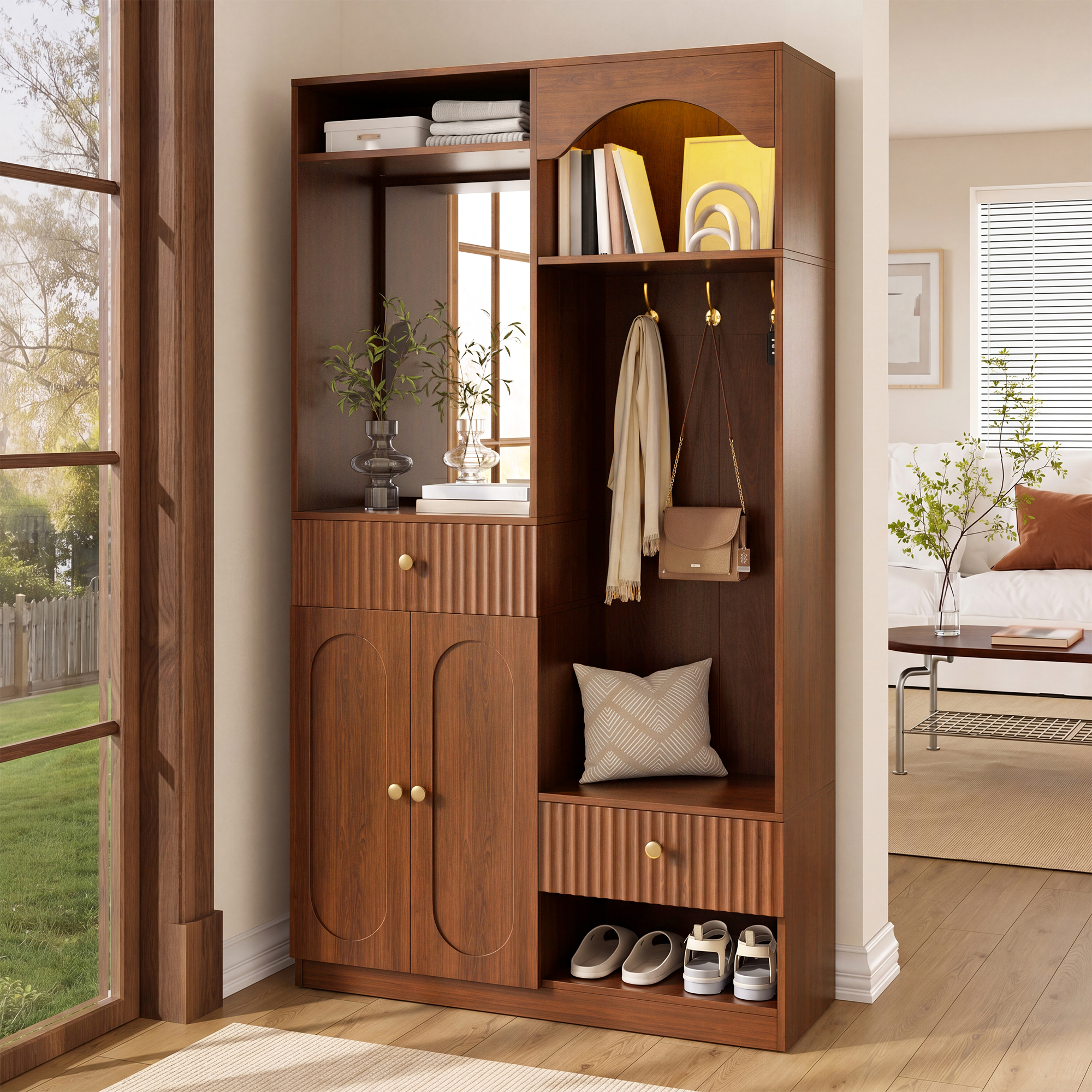 Meuble d'entrée marron multifonction avec miroir banquette patères et rangements