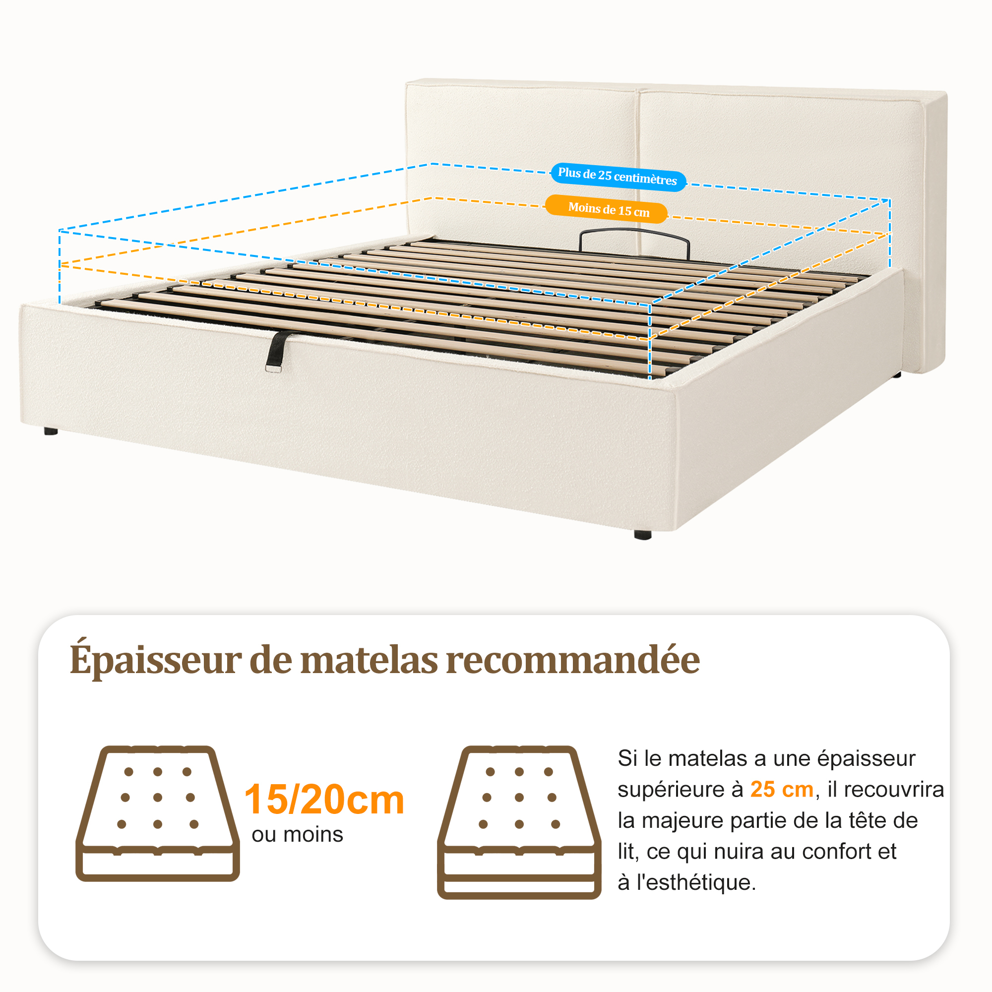 Lit 180 x 200 cm avec épaisseur de matelas recommandée de 15 à 20 cm