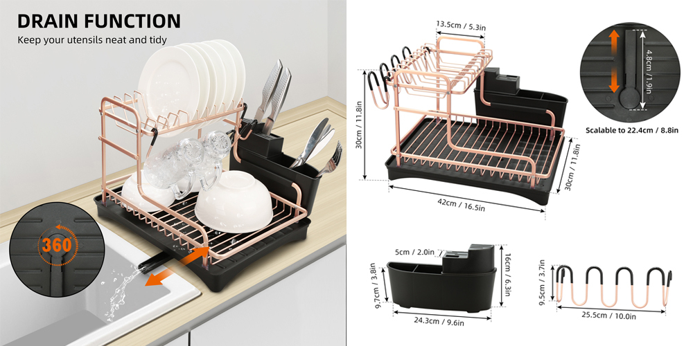 Double Dish Rack Water Plate Kitchen Cutlery Rack Black Silver Large  Quantity and Excellent Price champagne with black 