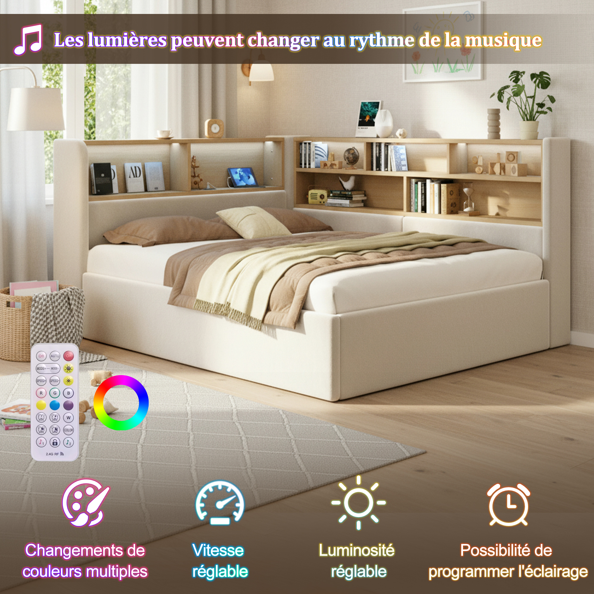 Lit de jour avec éclairage LED multicolore réglable