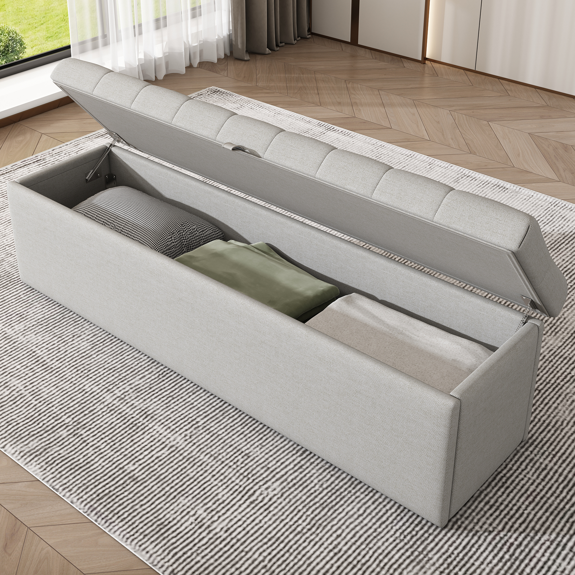 Banc coffre gris clair ouvert avec espace de rangement intérieur