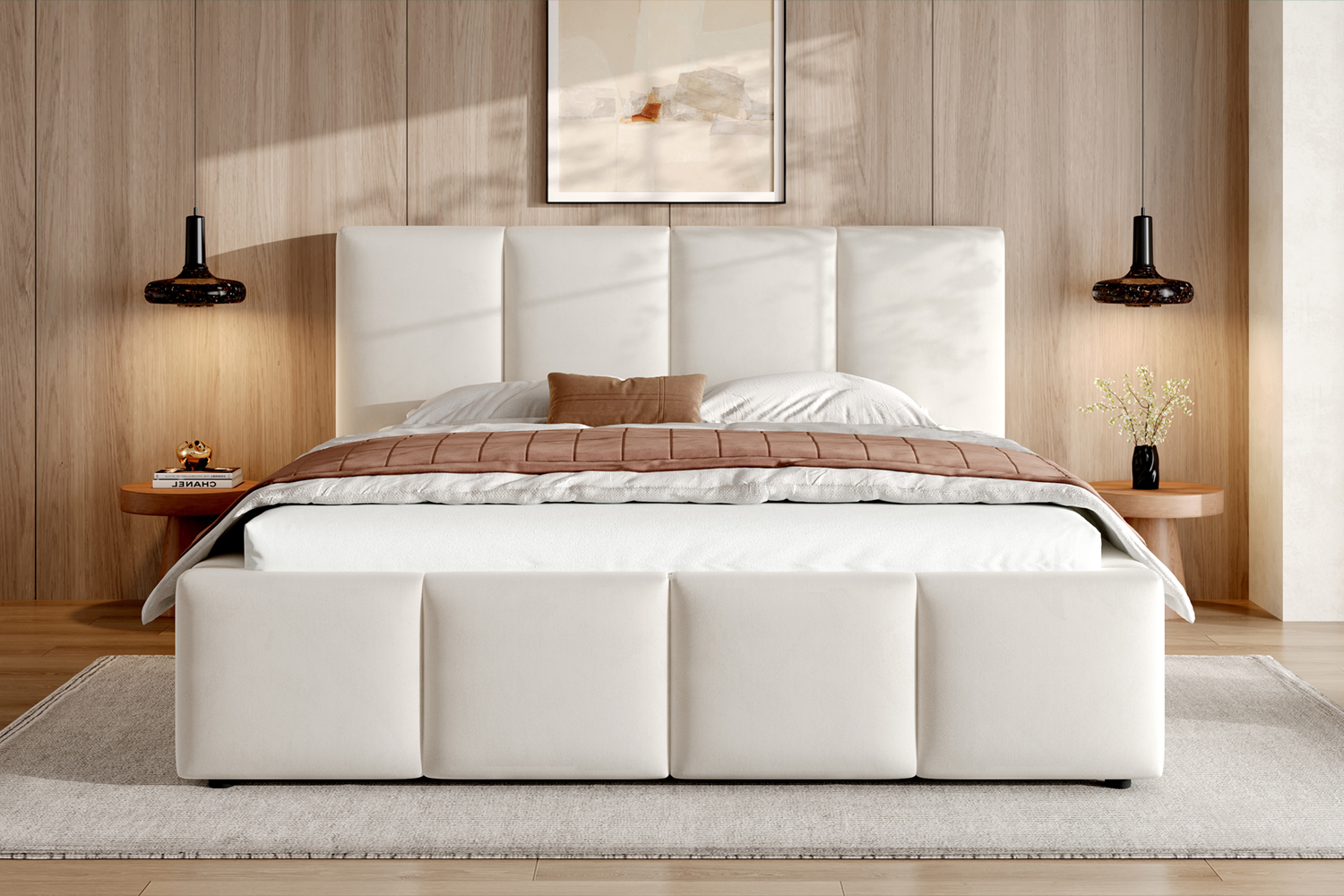 Lit double en chenille beige clair avec panneaux rembourrés verticaux