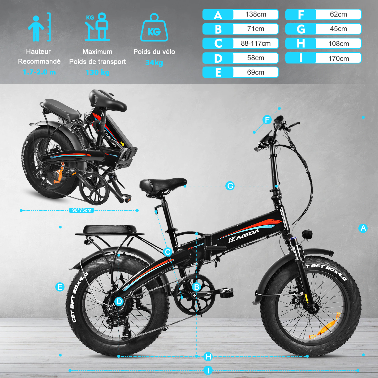 Vélo Électrique Pliable KAISDA 20 Pouces Fatbike - Double Batterie 13Ah/20.8Ah 36V - 250W - Autonomie Jusqu'à 100km