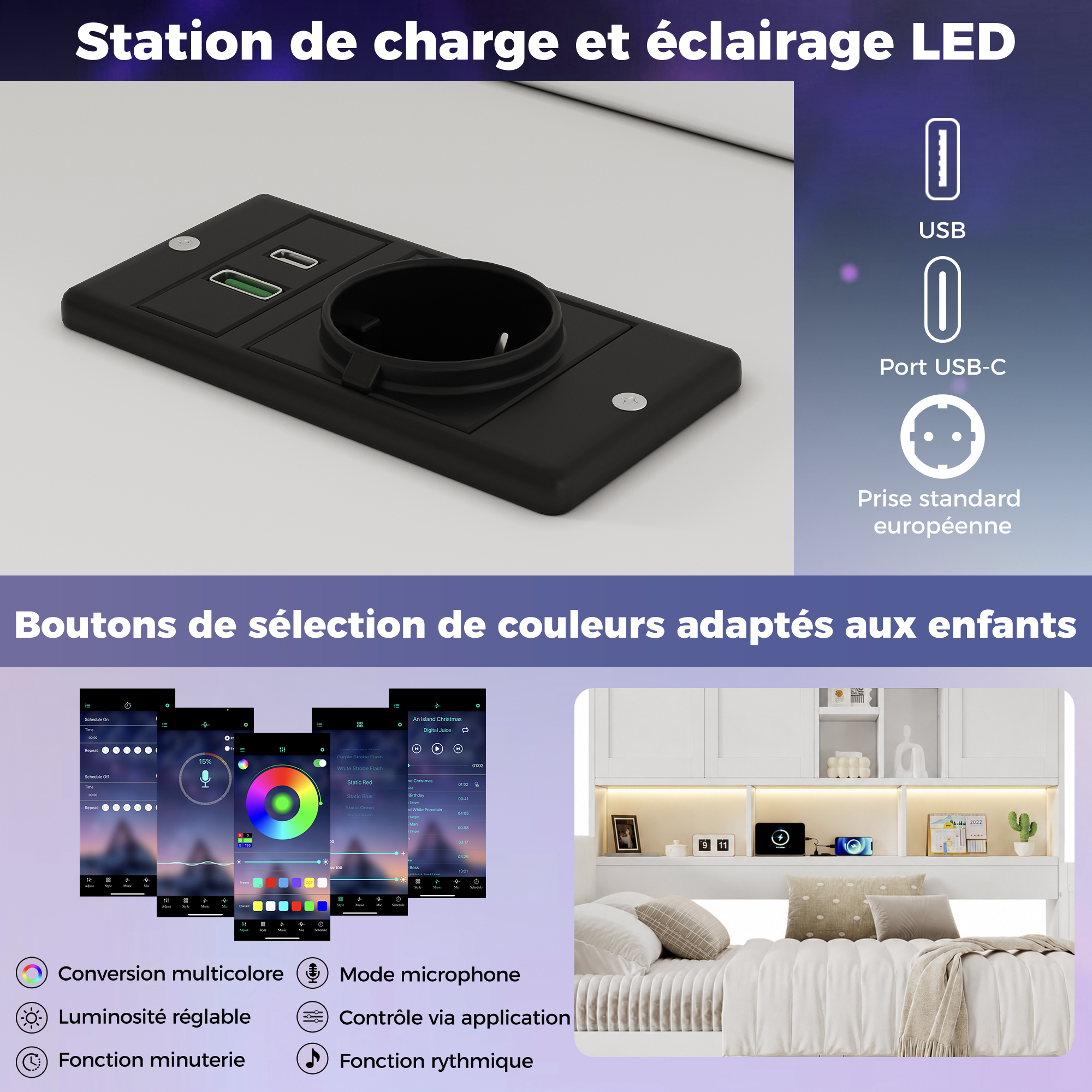 Lit avec éclairage LED, port USB, port USB-C et prise européenne