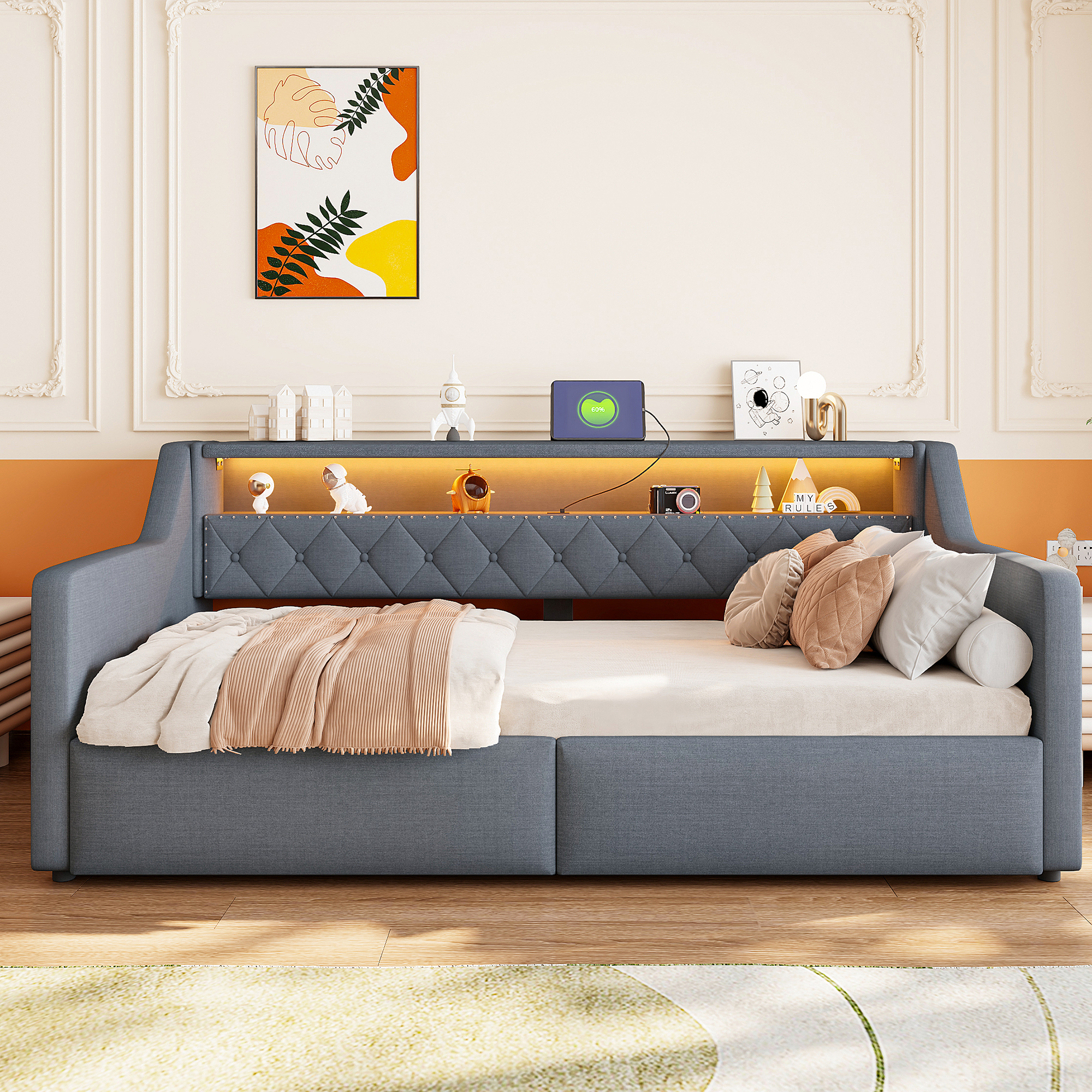 Lit banquette 90 x 200 cm avec rangement, éclairage et tablette intégrée
