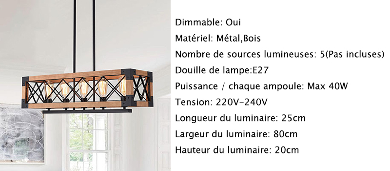 Suspension Industrielle Vintage Rectangulaire, Suspension En Métal 5 Lumières Pour Chambre, Salon, Cuisine, Salle à Manger, 80 Cm 10 width=800