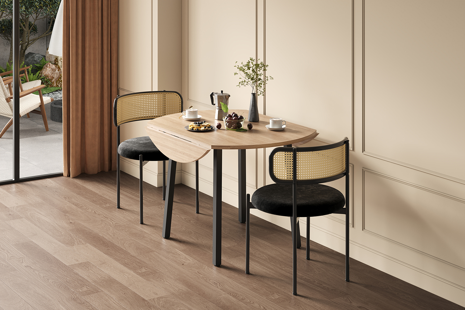 Table pliante en configuration compacte pour deux personnes