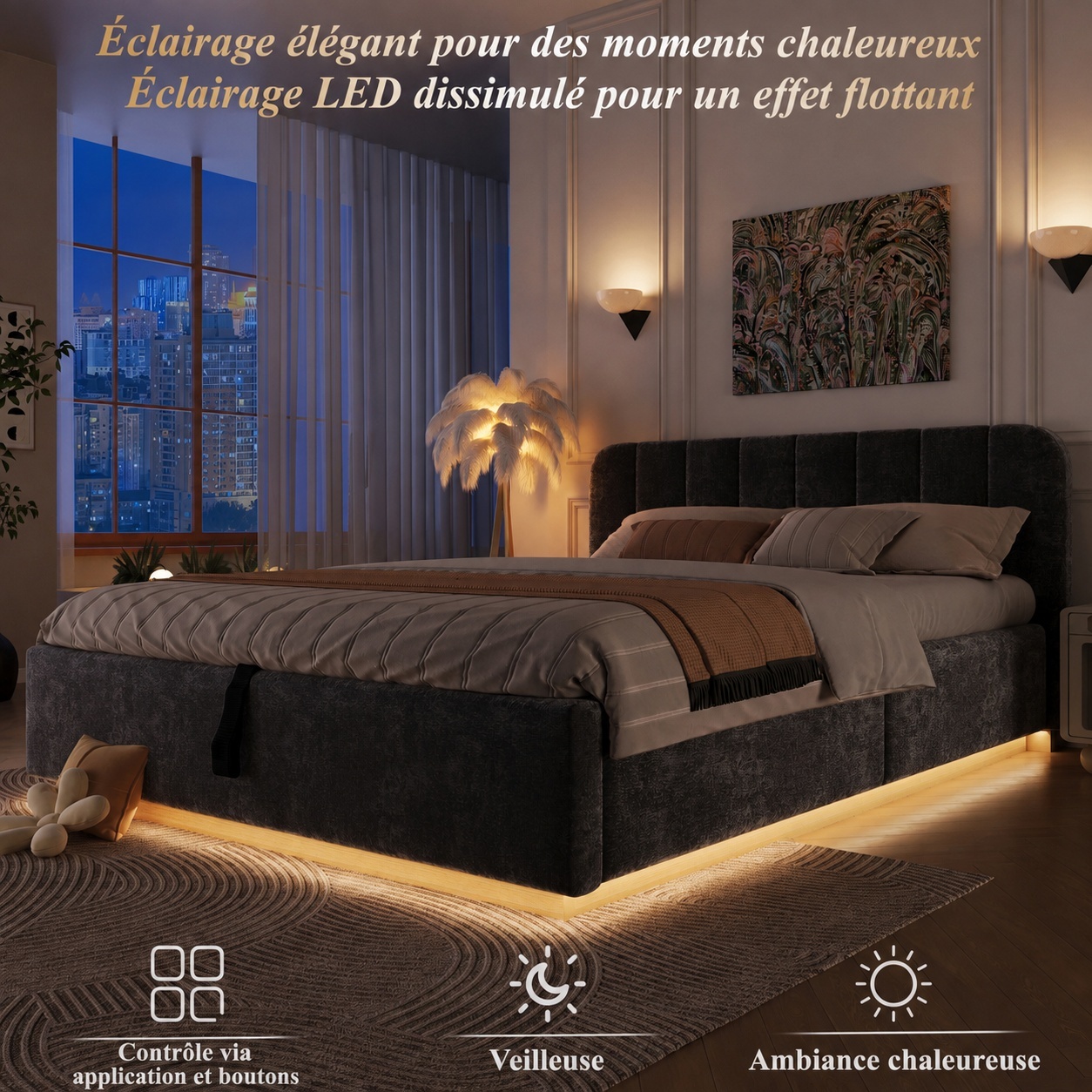 Lit gris foncé avec éclairage LED sous le cadre
