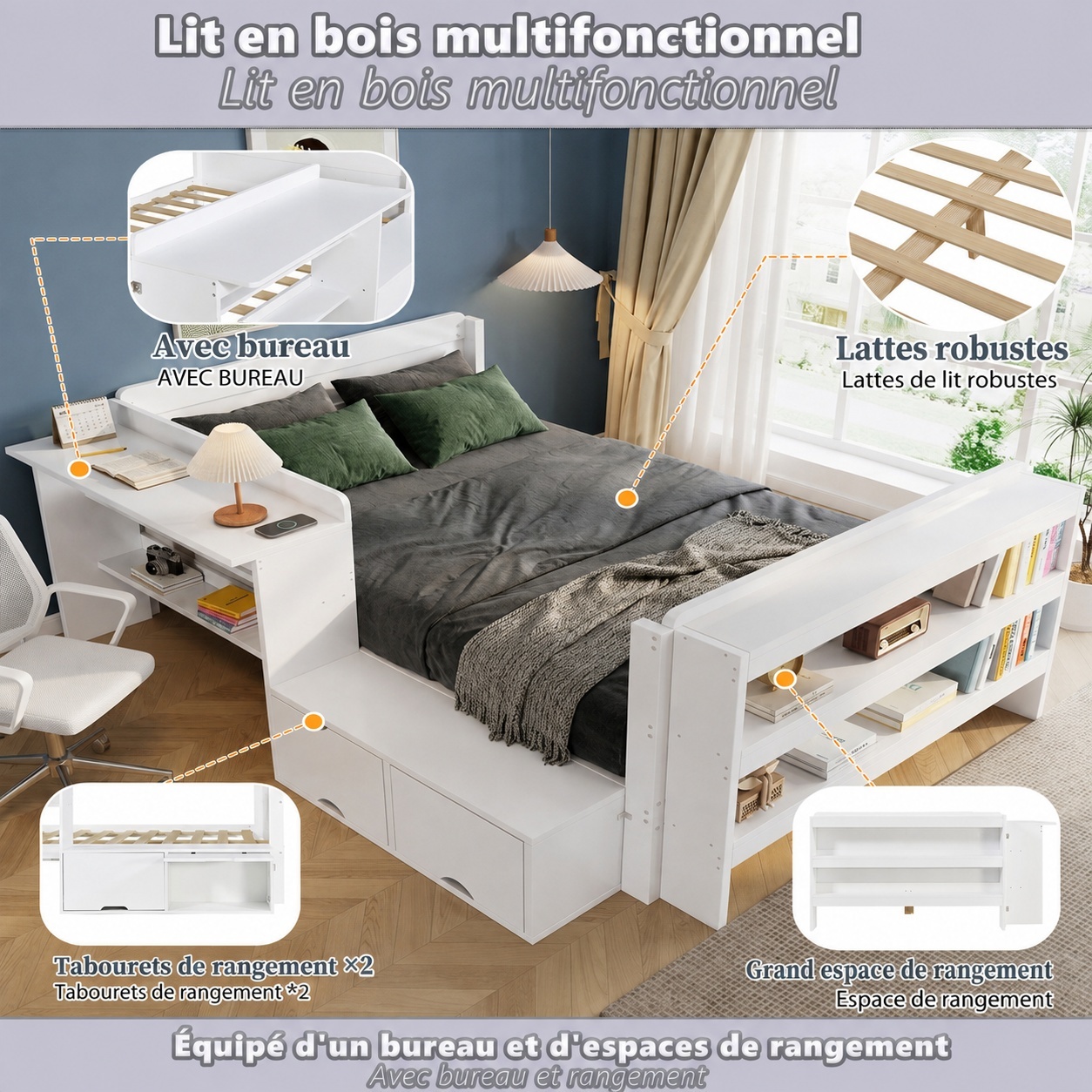 Bureau intégré directement à la structure du lit
