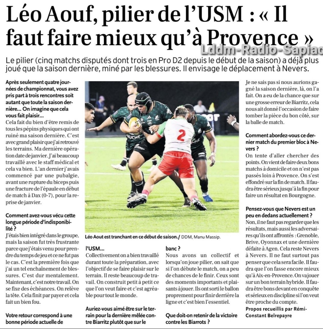 INFOS ce MERCREDI 25 SEPTEMBRE (Matinée) > Pro D2 – J5 > J –2 du match > NEVERS / USM ce Vendredi 19H30 au pré fleuri <> Du CÔTÉ de SAPIAC <> VIDÉOS - ACTUS USM <> NUIT du RUGBY Mvk0hk