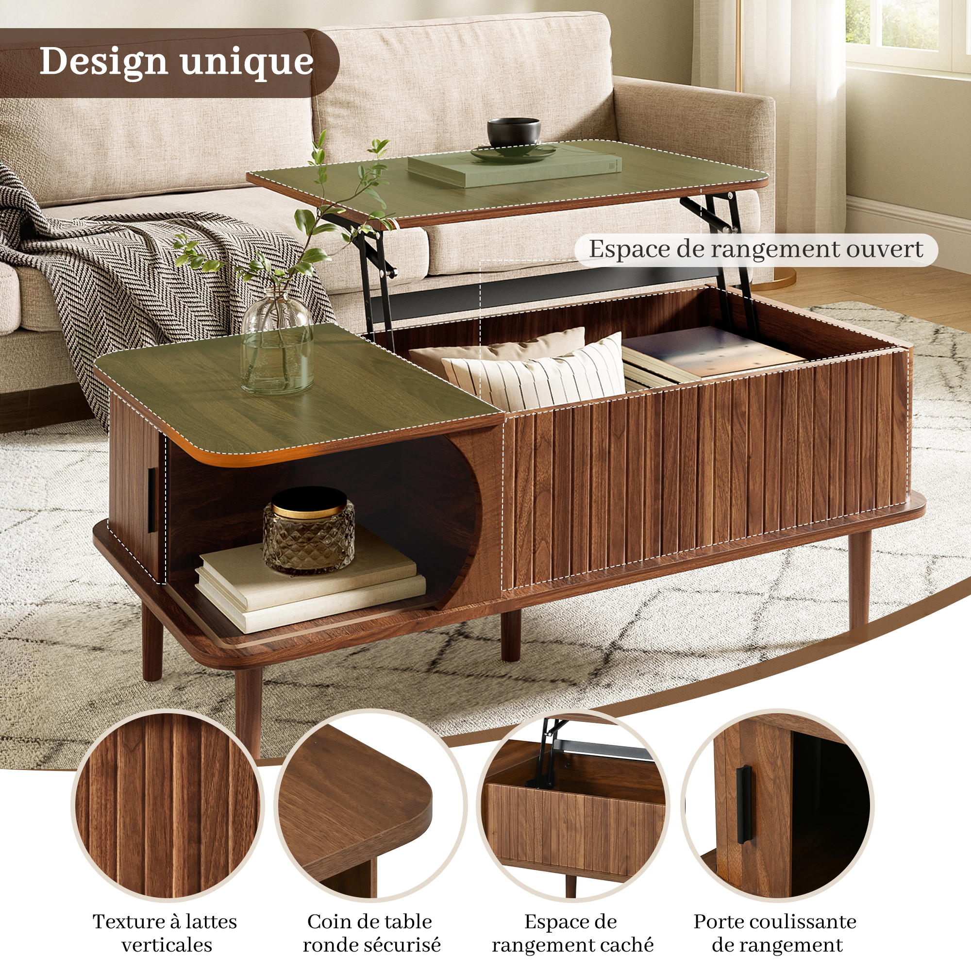 Table basse marron avec plateau relevable