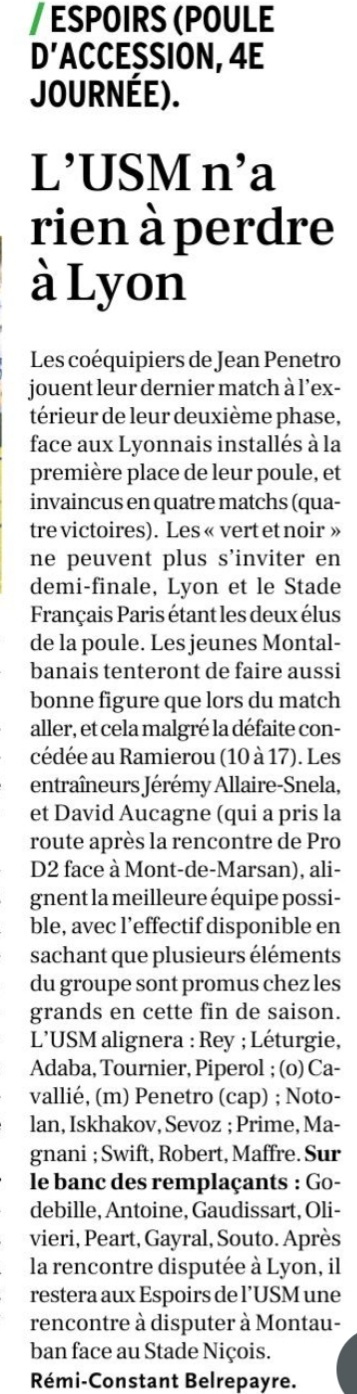 INFOS ce SAMEDI 11 MAI 2024 (Matinée) > Pro D2 - J29 > RÉSULTAT hier soir à Sapiac > USM 26 - 24 MONT de MARSAN (Bd) <> ACTUS USM et Pro D2 <> Les RÉSULTATS <> Le CLASSEMENT <> ESPOIRS > LYON / USM ce samedi 15H Mythqo