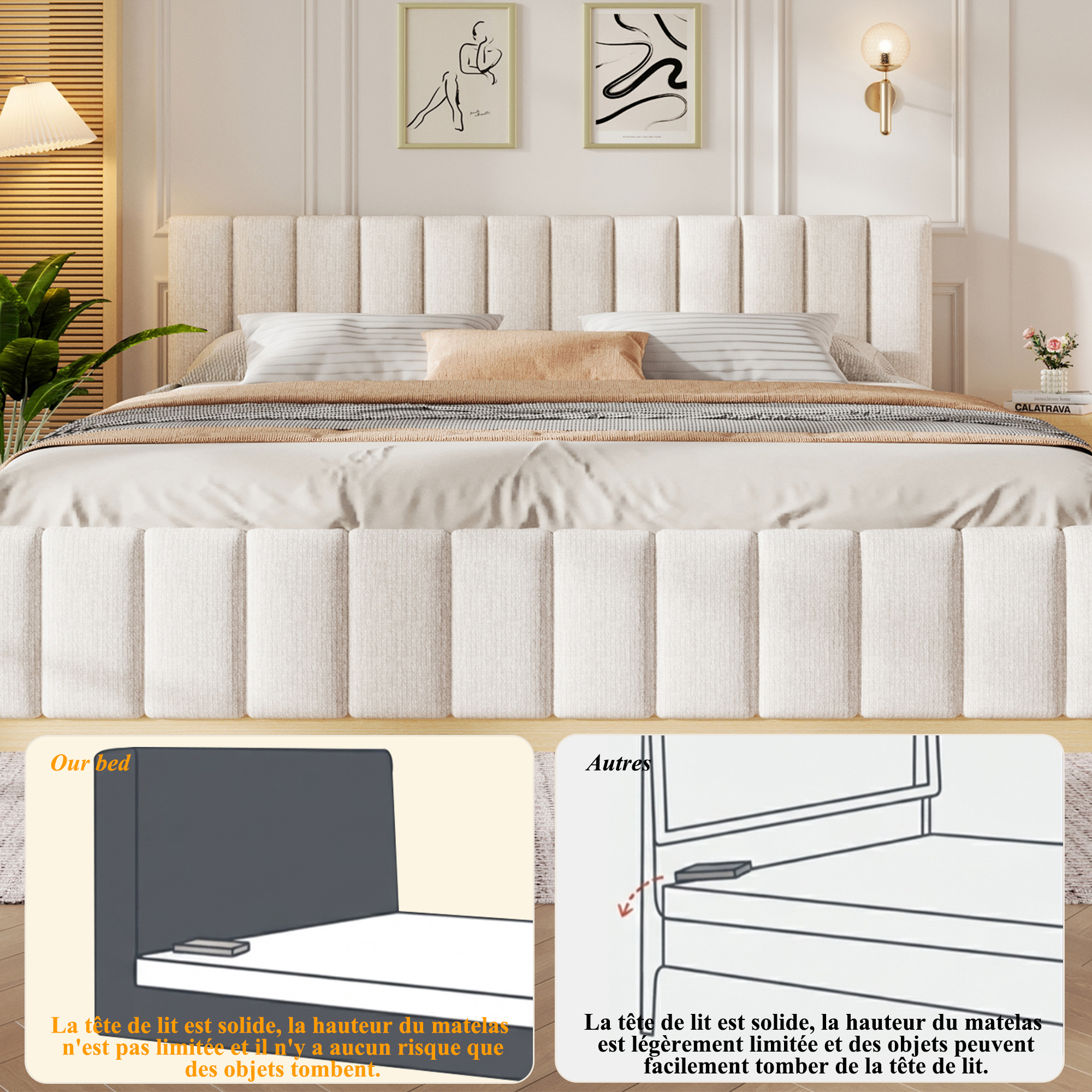 Tête de lit rembourrée du lit double beige