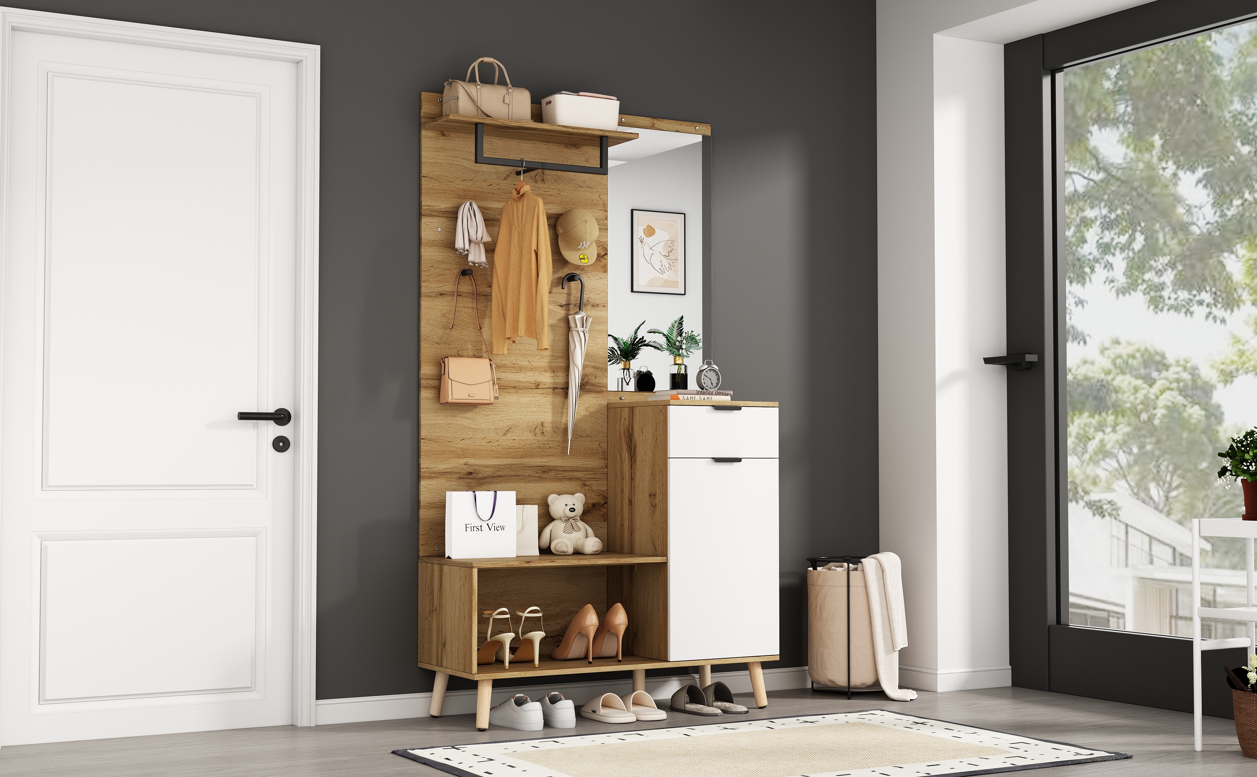 Recibidores Modernos Juego De Perchero Con Espejo Y Banco