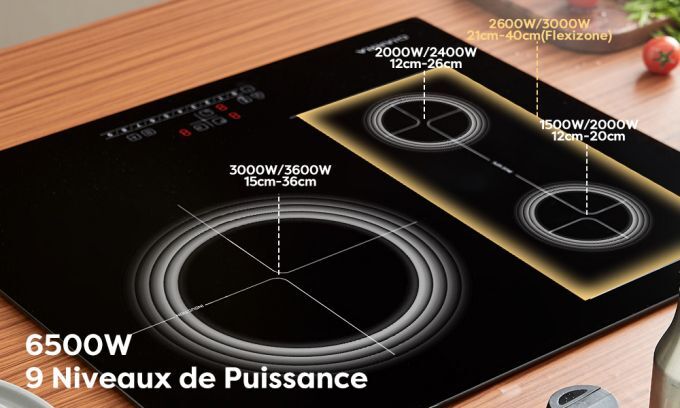 CIARRA CD3BFBIH Plaque Induction 3 Foyers - Flexizone - Boosters - 6500W - Affichage Digital - 9 Niveaux - Minuteur - L 59cm 11 ciarra plaque induction 3 feux flexizone