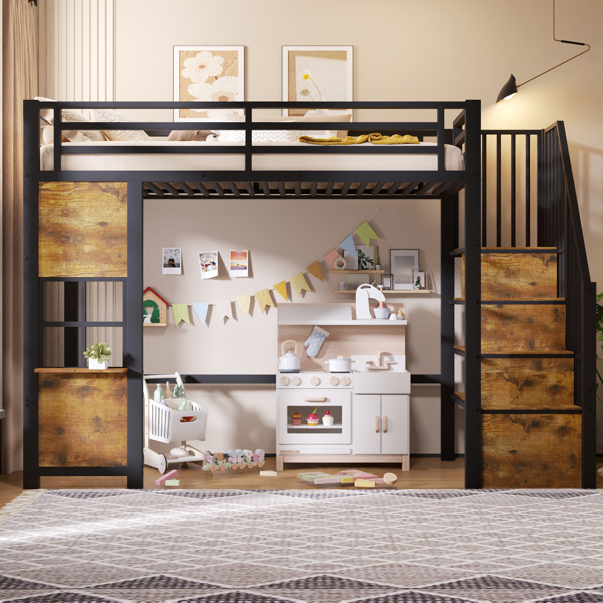 Lit mezzanine noir 90 x 200 cm avec espace ouvert sous le couchage