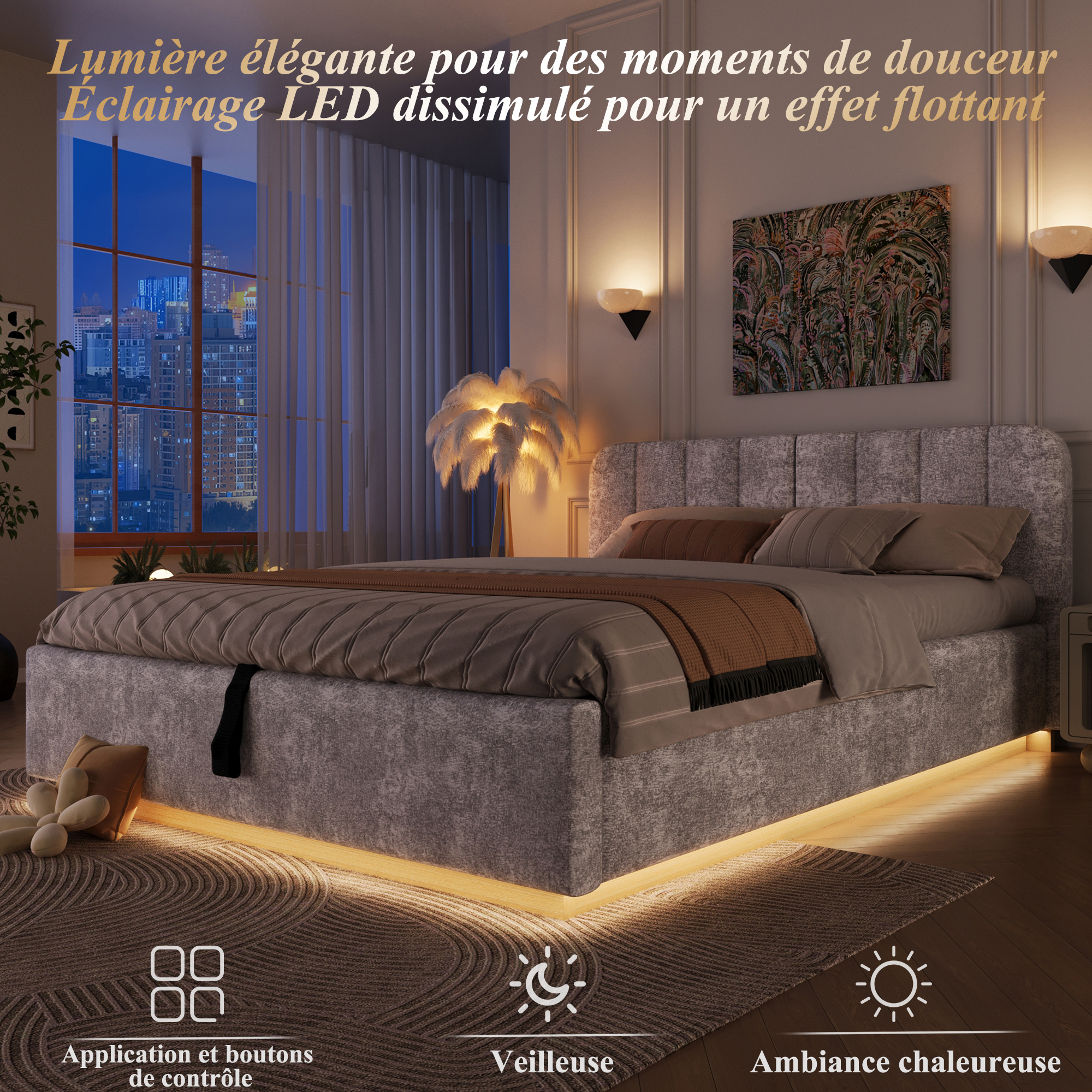 Lit gris clair avec éclairage LED sous le cadre