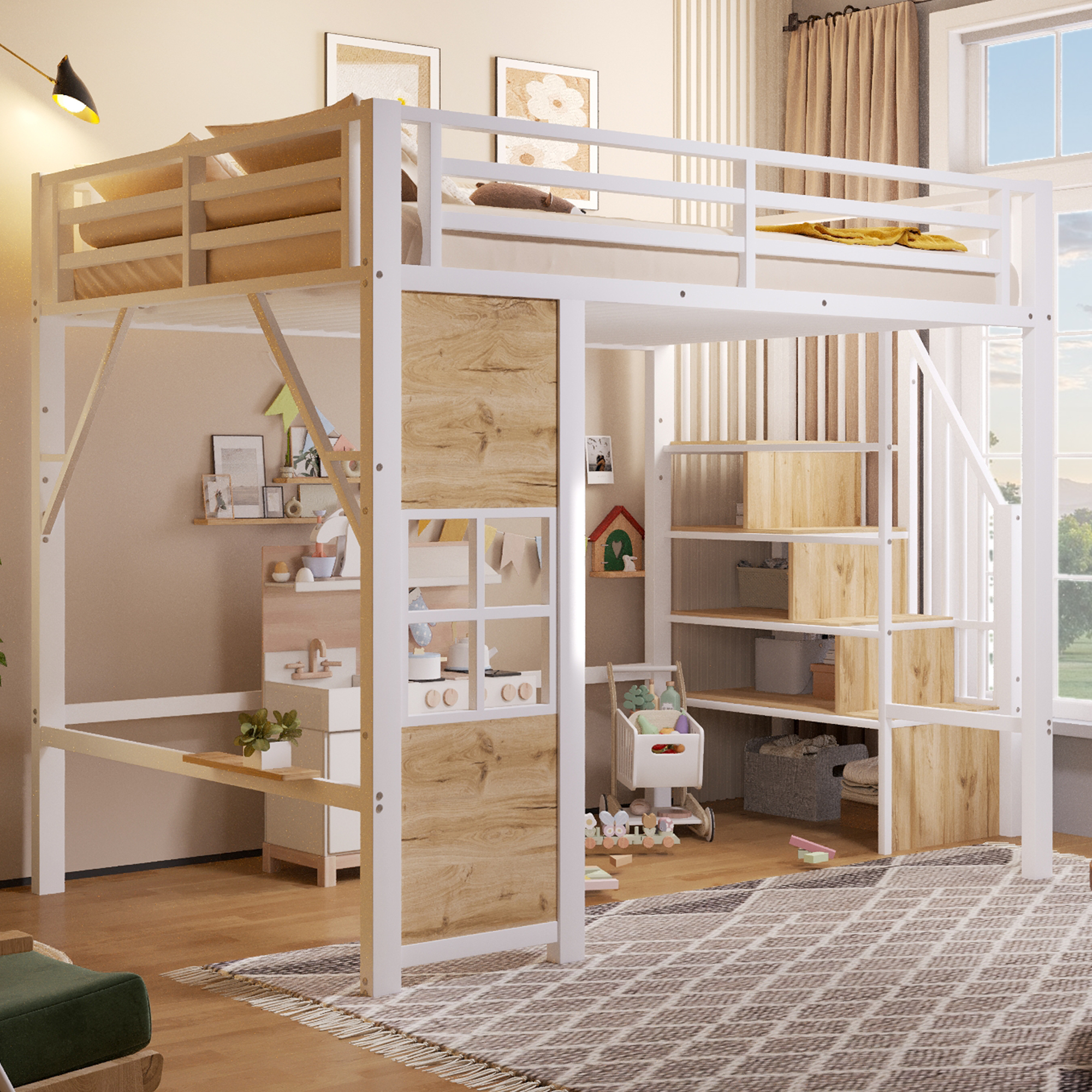 Lit mezzanine blanc 140 x 200 cm avec grand espace ouvert sous le couchage