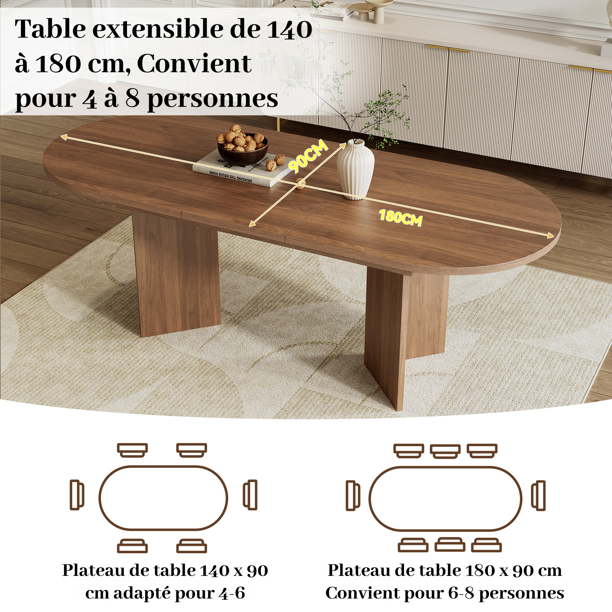 Table extensible de 140 à 180 cm pour 4 à 8 personnes
