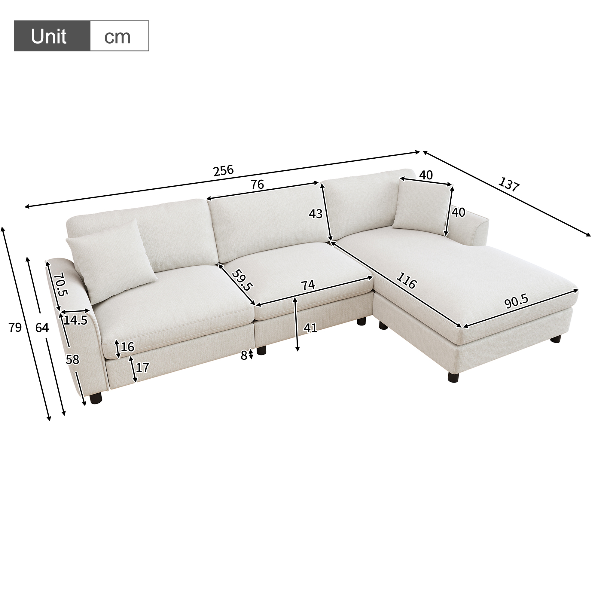 Dimensions du canapé d'angle 3 places beige