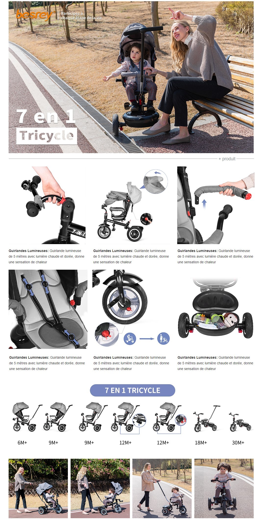 Besrey 7 en 1 Tricycle Evolutif Siège Réversible pour les enfants de 9