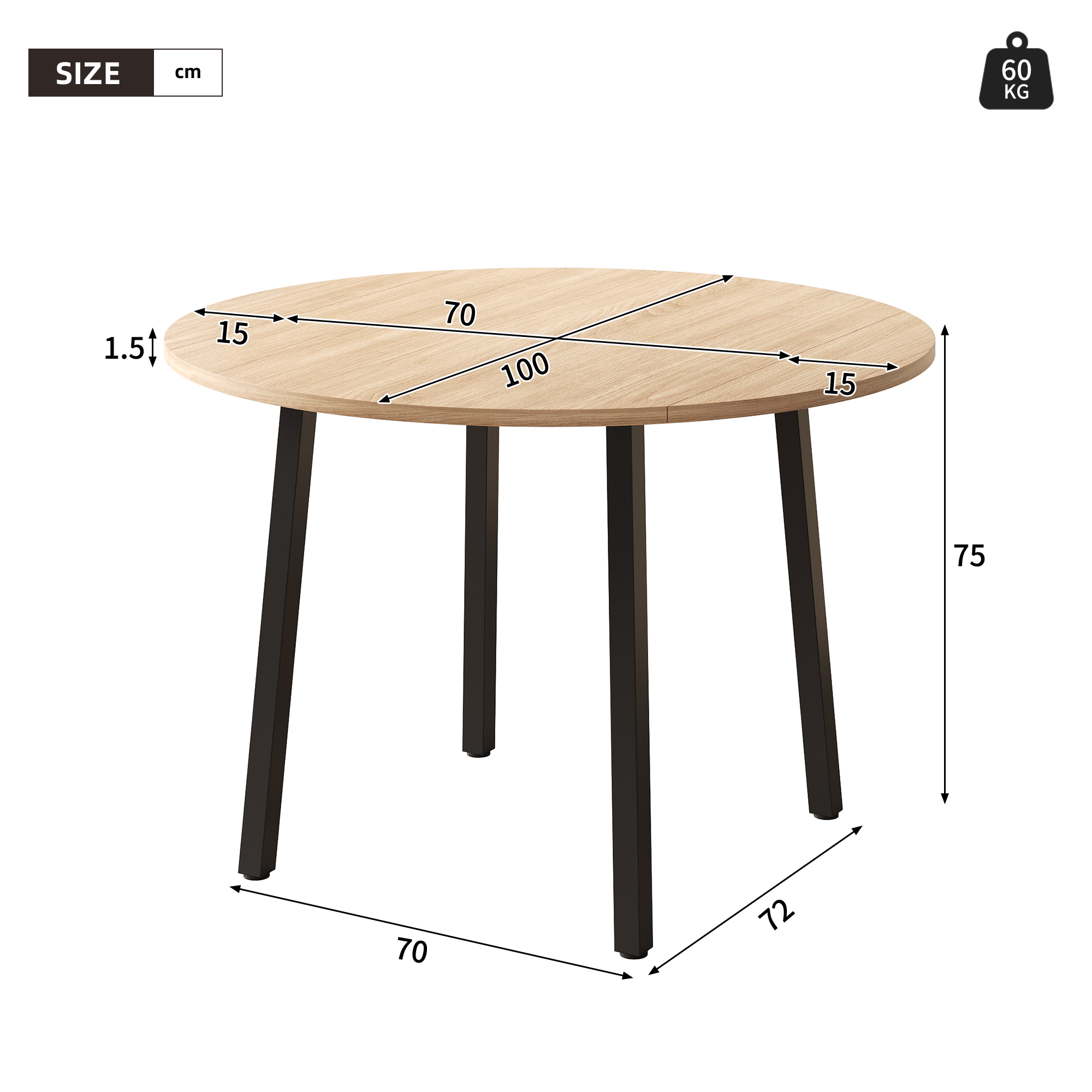 Structure du plateau avec partie centrale de 70 cm et deux extensions de 15 cm