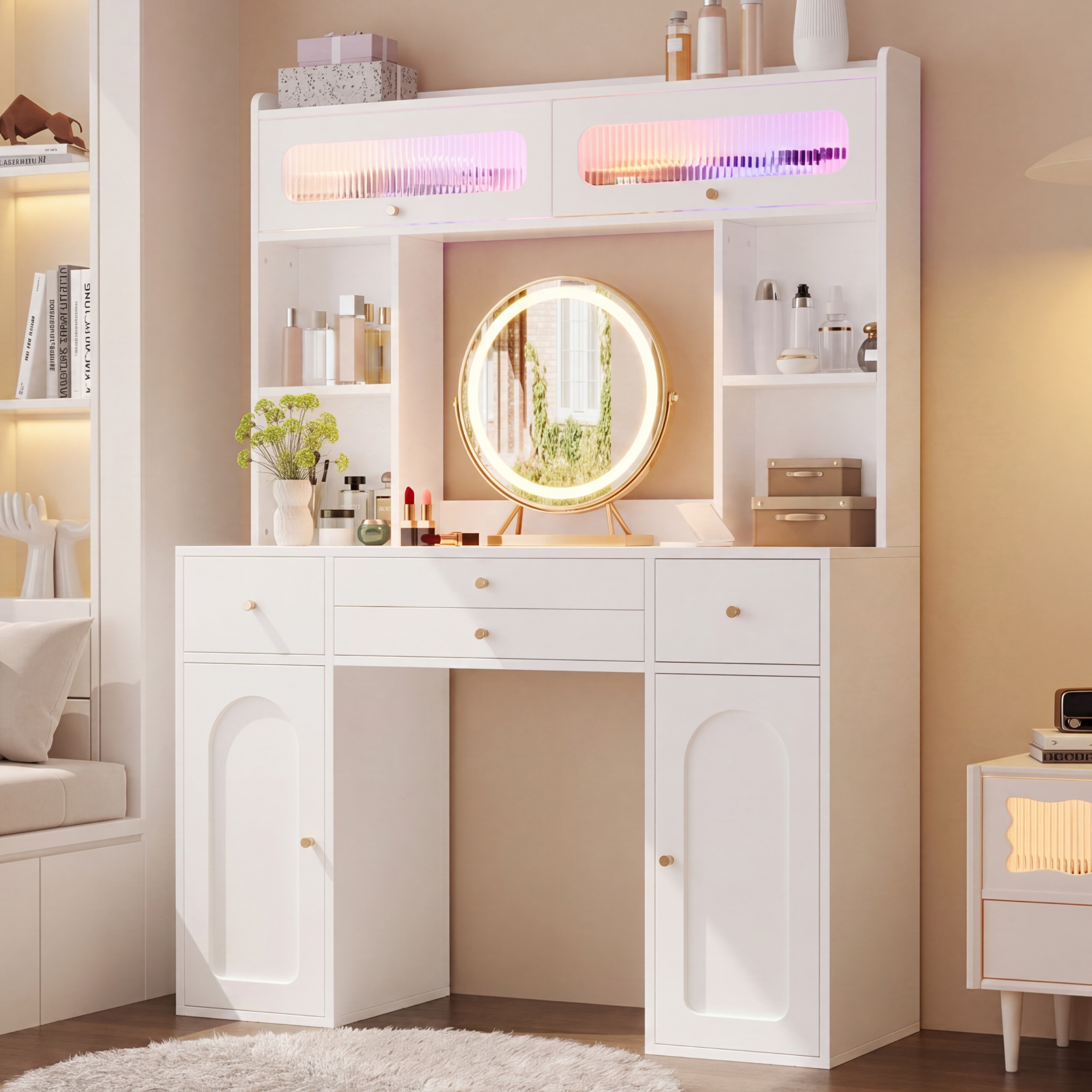 Coiffeuse blanche avec miroir rond LED tiroirs placards niches et rangements vitrés