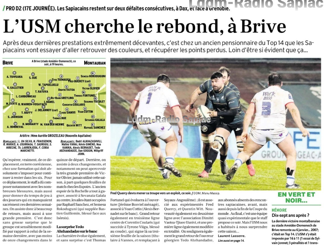 INFOS ce VENDREDI 19 JANVIER 2024 (Matinée) > Pro D2 – J17 > Jour de  match > BRIVE / USM <> Les COMPOS – Du CÔTÉ de SAPIAC <> RÉSULTAT > Hier soir en ouverture > (Bd) BÉZIERS 17 - 18 PROVENCE RUGBY > Le CLASSEMENT PROVISOIRE Oqyki6