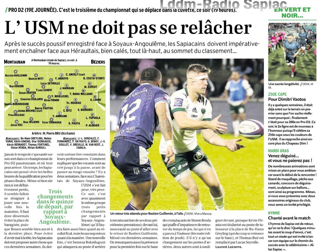 INFOS ce VENDREDI 9 FÉVRIER 2024 (Matinée) > Pro D2 - J19 > Jour de Match à Sapiac ce soir 19H > USM / BÉZIERS > VIDÉO -ACTUS > CONFÉRENCE D'AVANT MATCH > Les COMPOS <> RÉSULTAT > Hier soir > AGEN 31 - 7 PROVENCE RUGBY   Or94ng