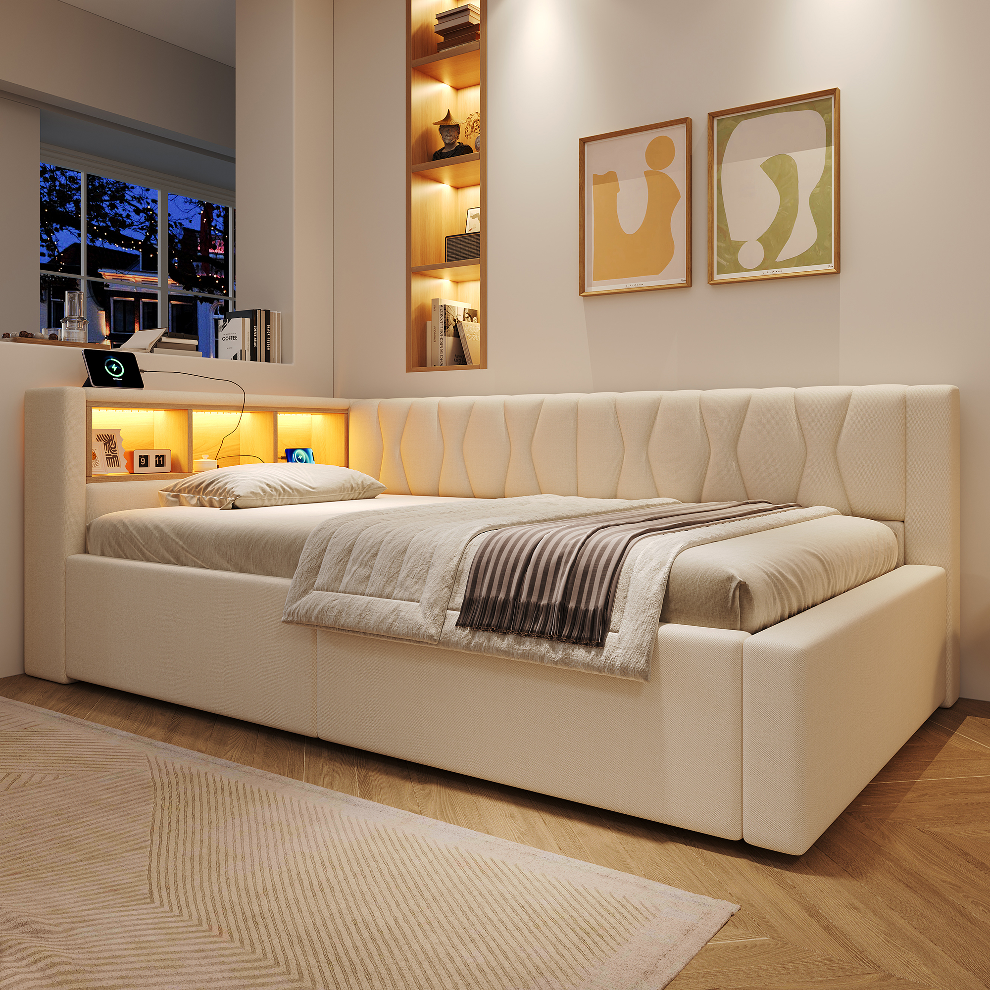 Lit banquette avec tête de lit et rangements intégrés