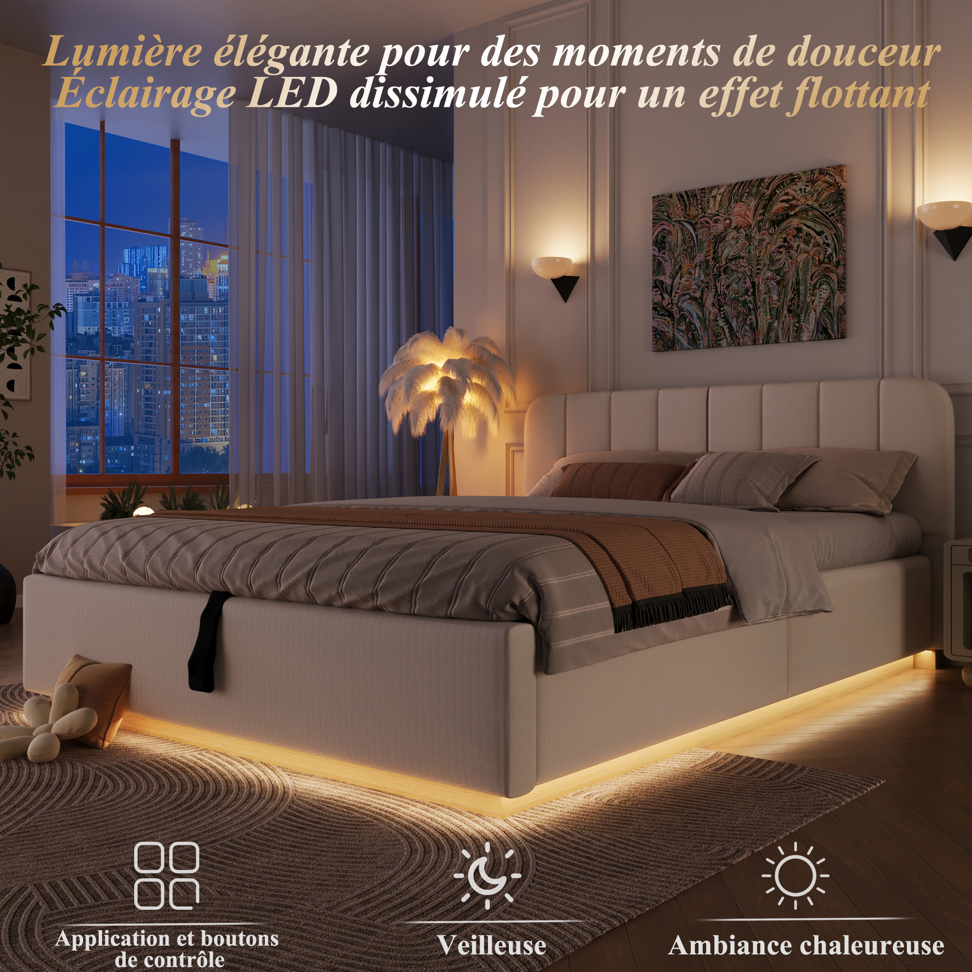 Lit beige avec éclairage LED intégré sous le cadre