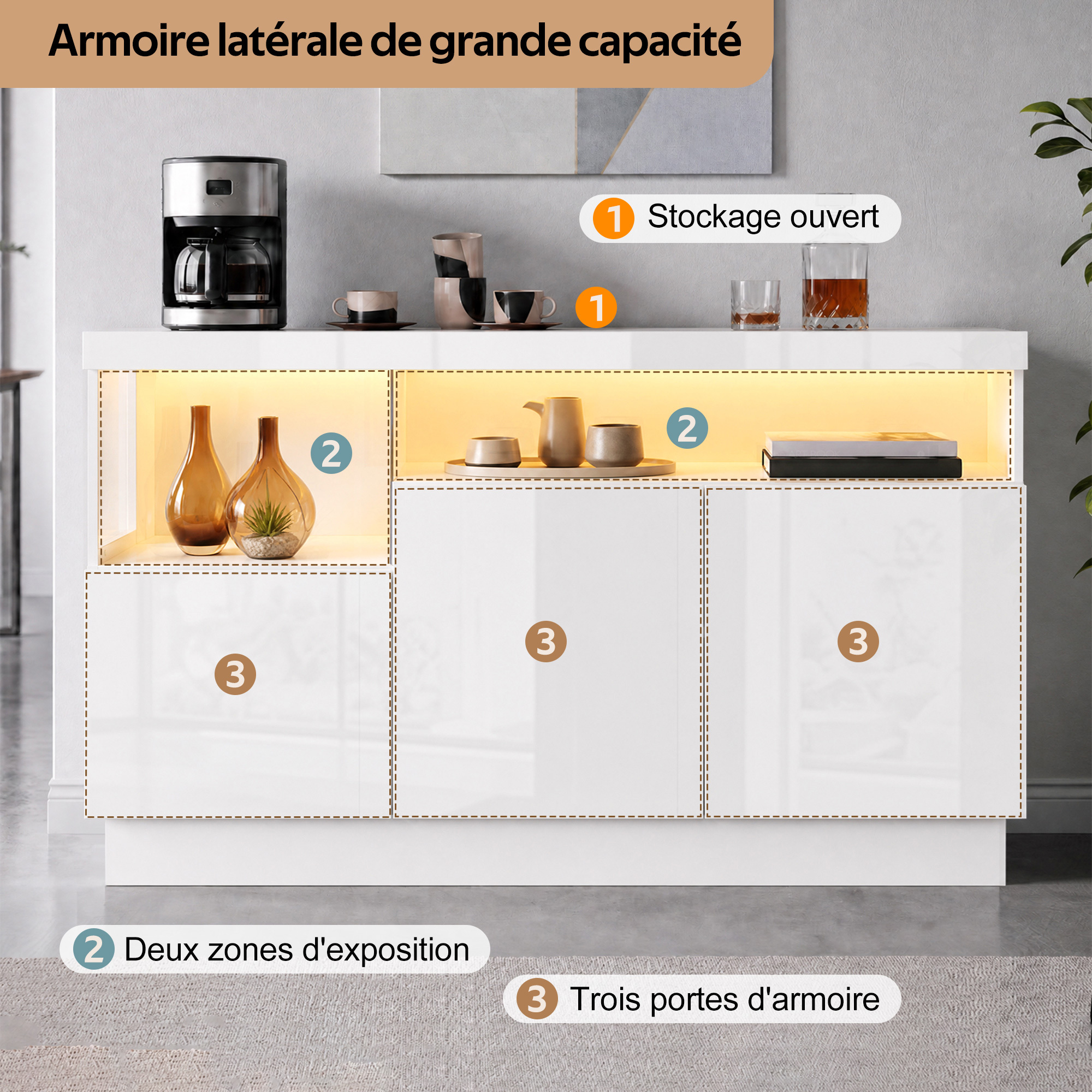 Compartiments ouverts et fermés du buffet blanc