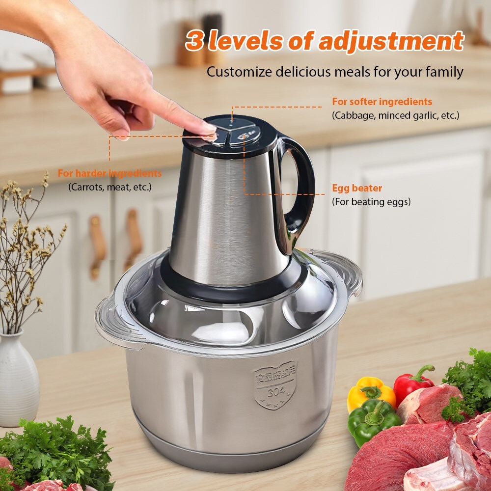 Hachoir électrique 550W Avec Bol Inox 5L - 4 Lames, 3 Vitesses, Pour Viande, Fruits, Légumes, Haricots