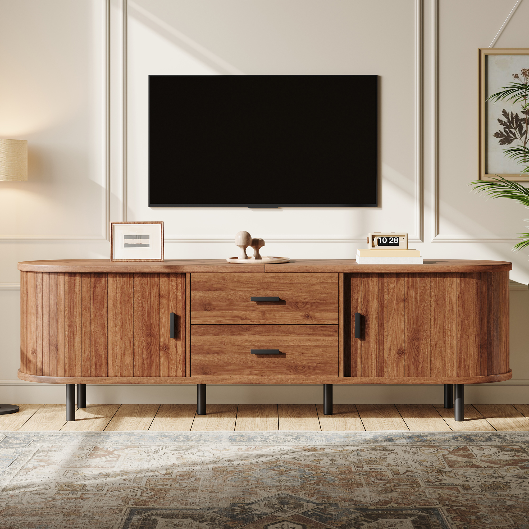 Meuble TV marron effet noyer 160 cm avec tiroirs et rangements