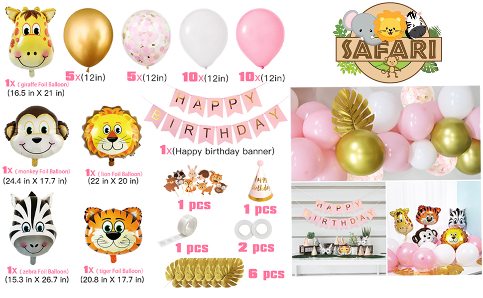 YANSION Pink White Birthday Party Decorations for Girls, 47 Pcs Pink Animal  Theme Birthday Balloons Arch Kit Jungle Safari Animals Party Balloons for  Kids 1st Birthday Baby Shower 