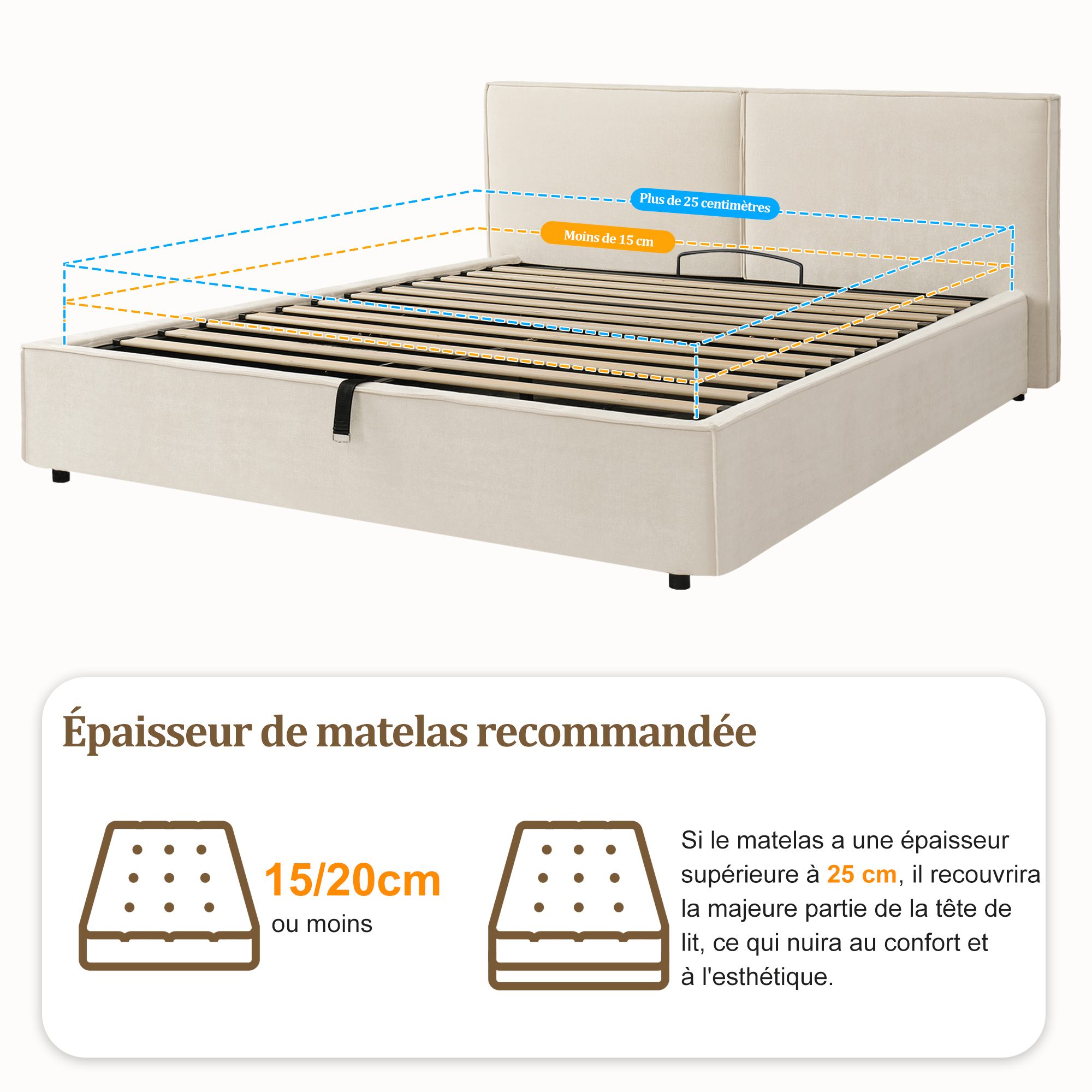 Lit 180 x 200 cm avec épaisseur de matelas recommandée de 15 à 20 cm