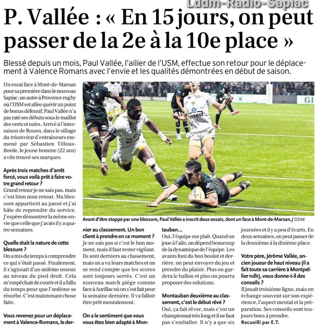 INFOS ce JEUDI 17 OCTOBRE (Matinée) > Pro D2 - J7 > J -1 du match VALENCE ROMANS / USM ce Vendredi 19H30 stade Georges Pompidou <> Les COMPOS ce soir après 18H - Du CÔTÉ de SAPIAC <> Ce soir en ouverture J7 > PROVENCE RUGBY / BRIVE à 21H - Les COMPOS  Pkub84