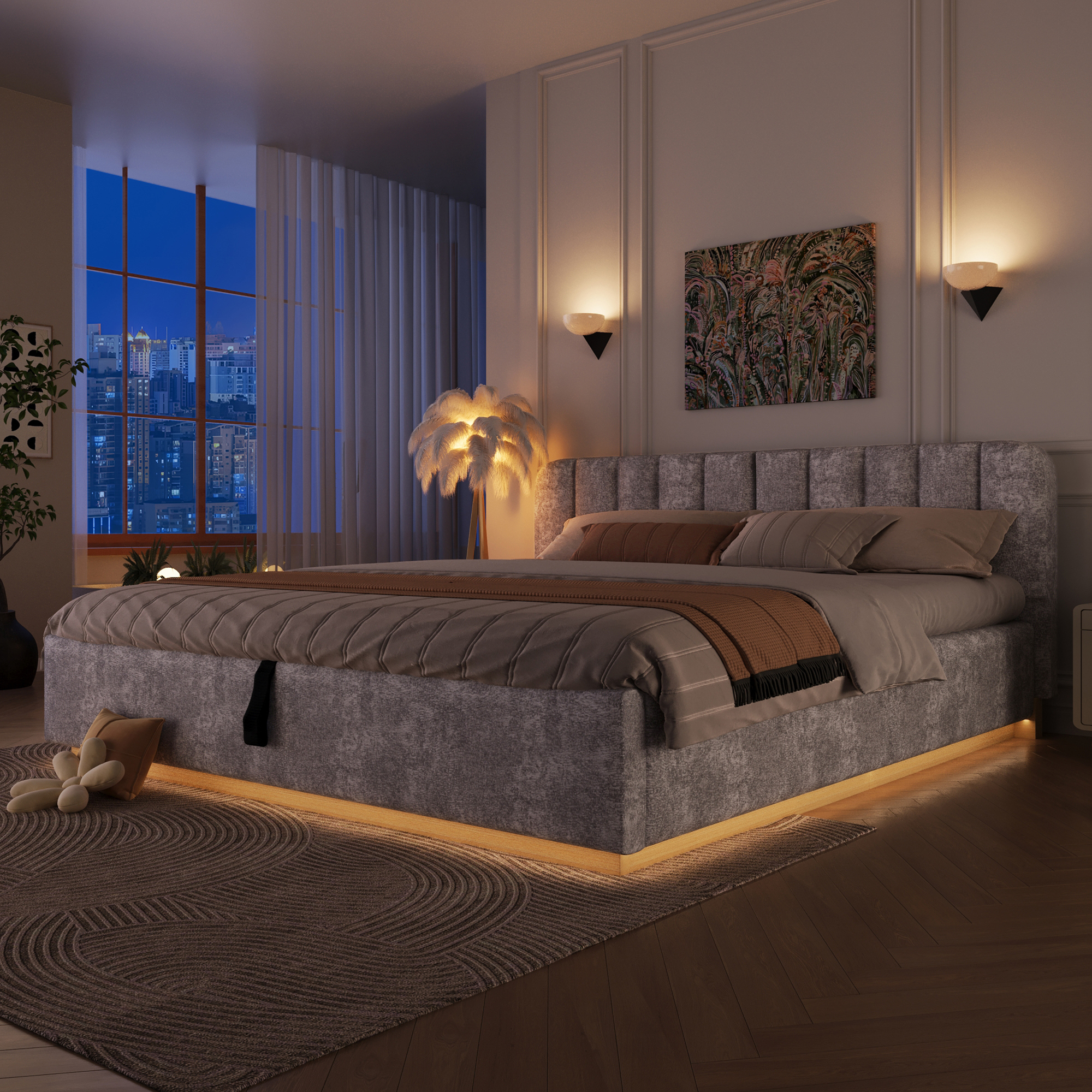 Lit double gris clair 180 x 200 cm avec éclairage LED