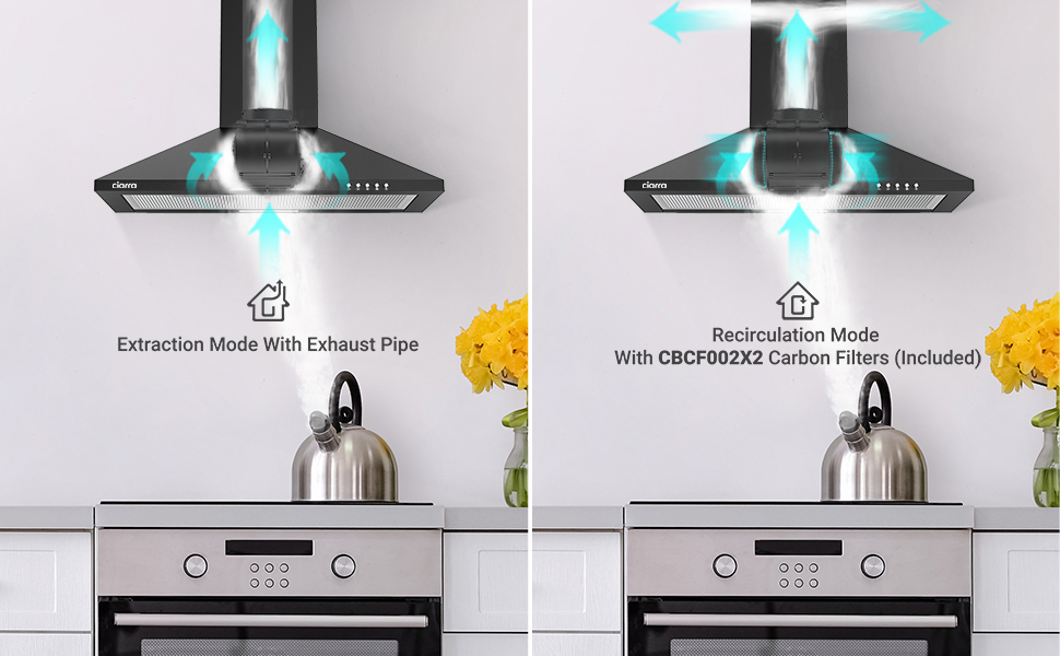 CIARRA 201BK60 Cooker Hood 60cm With Carbon Filters 370m3/h Class A Wall Mounted Extractor Hood - Black 11 2 mode