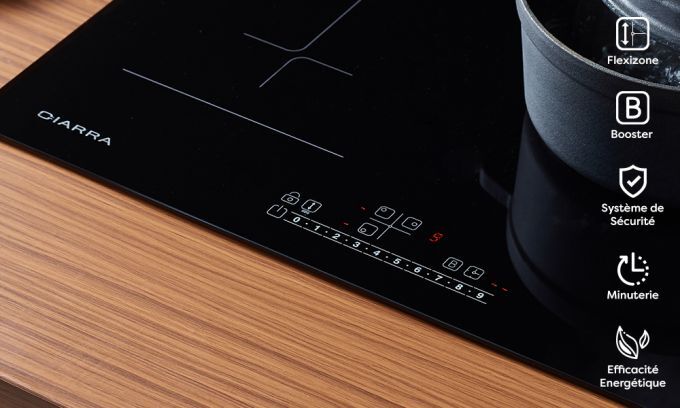 CIARRA CD3BFBIH Plaque Induction 3 Foyers - Flexizone - Boosters - 6500W - Affichage Digital - 9 Niveaux - Minuteur - L 59cm 14 ciarra table de cuisson 3 zones flex