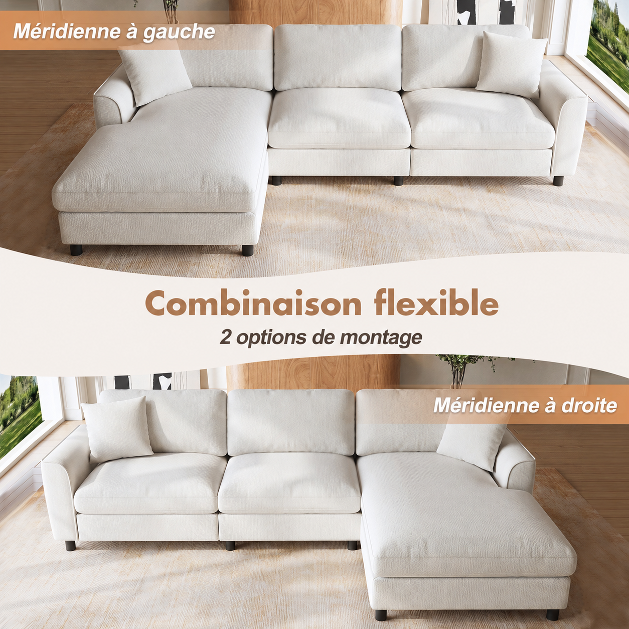 Canapé d'angle beige avec méridienne réversible à gauche ou à droite