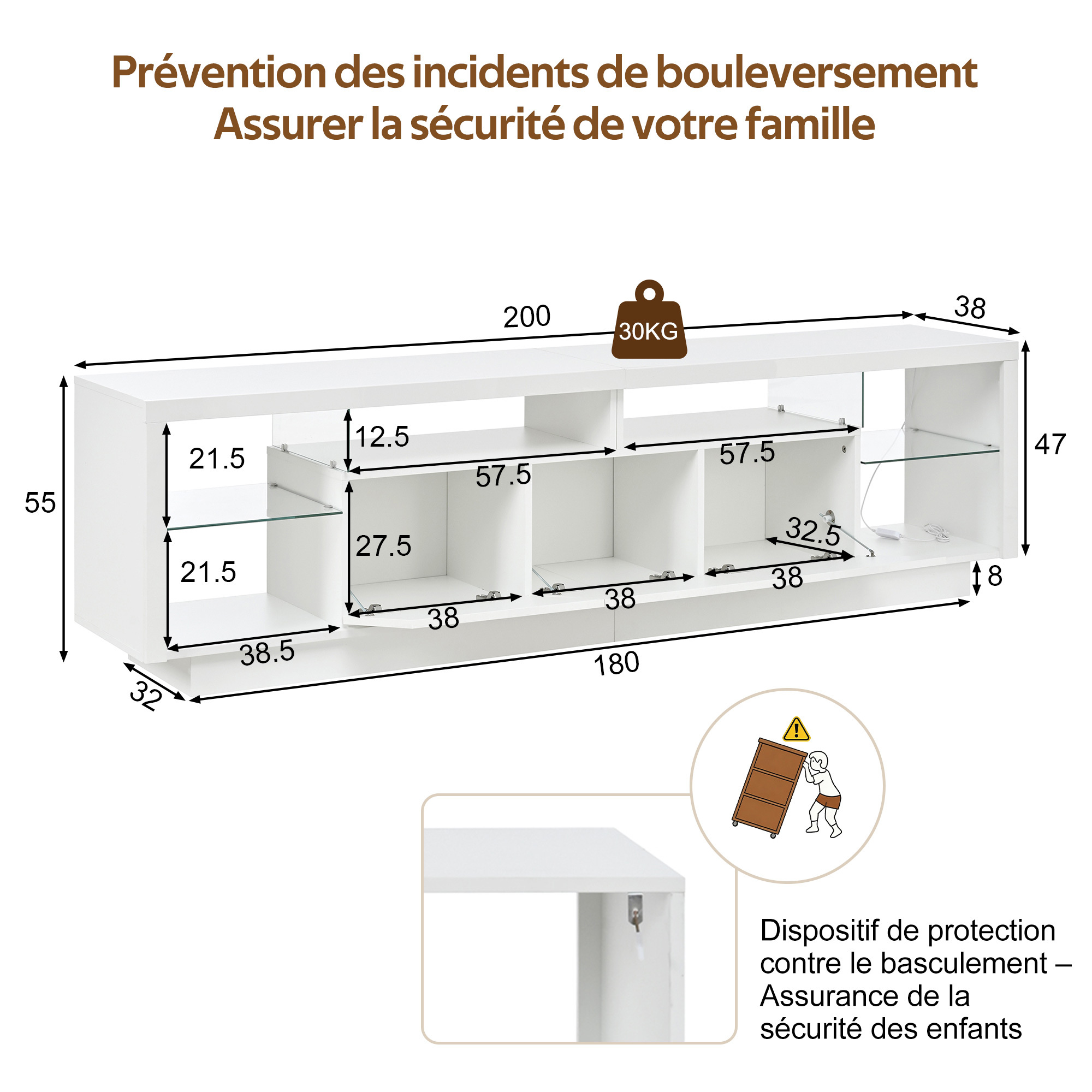 Structure en panneaux de particules et large socle du meuble TV