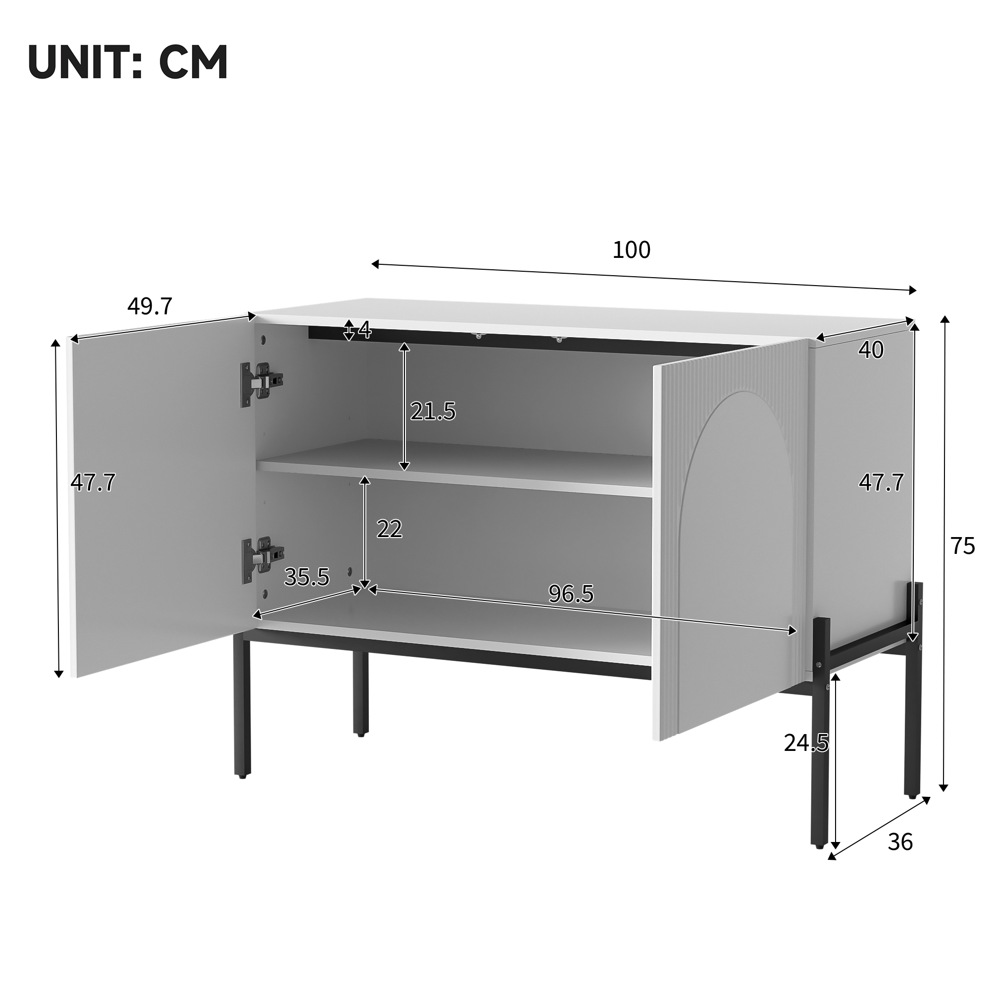 Dimensions du buffet blanc 100 x 40 x 75 cm avec dispositif anti-basculement