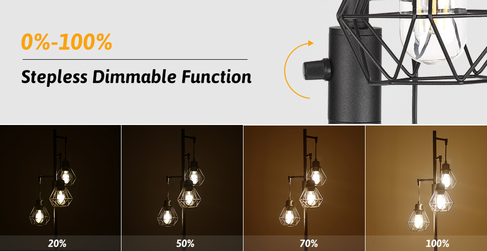 Dimmable Industrial Floor Lamp with 3 LED Bulbs Standing Lamp
