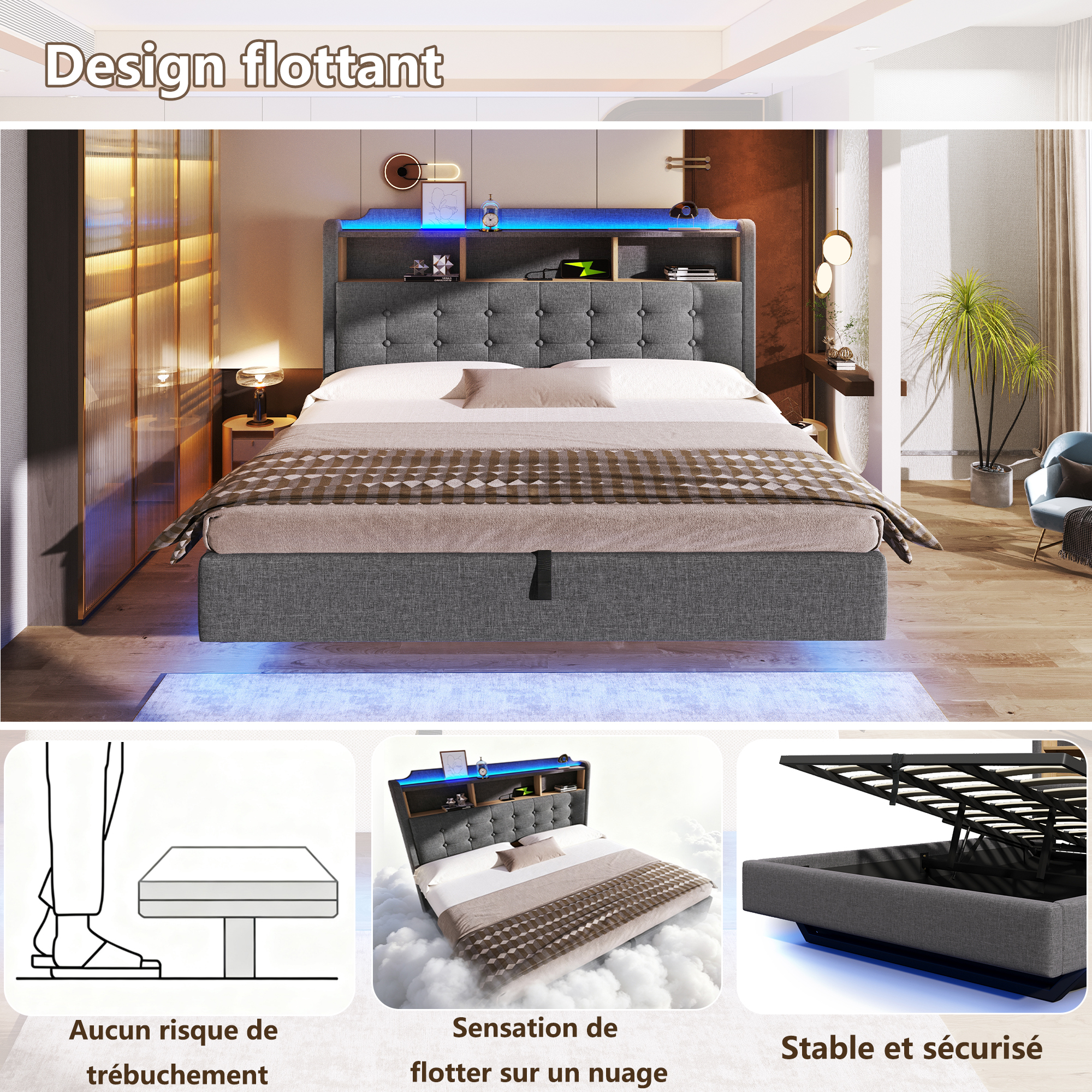 Éclairage LED multicolore intégré au lit